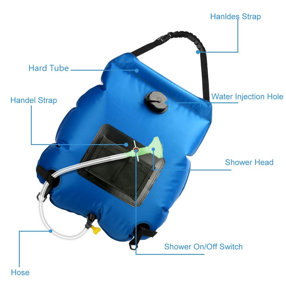 5 Gallon Solar Shower Bag - 20L Portable Camping Shower with Removable Hose & On/Off Switchable Shower Head | Perfect for Beach, Hiking, RV Trips & Outdoor Adventures | Ducha Portatil for Travel & Emergency Use