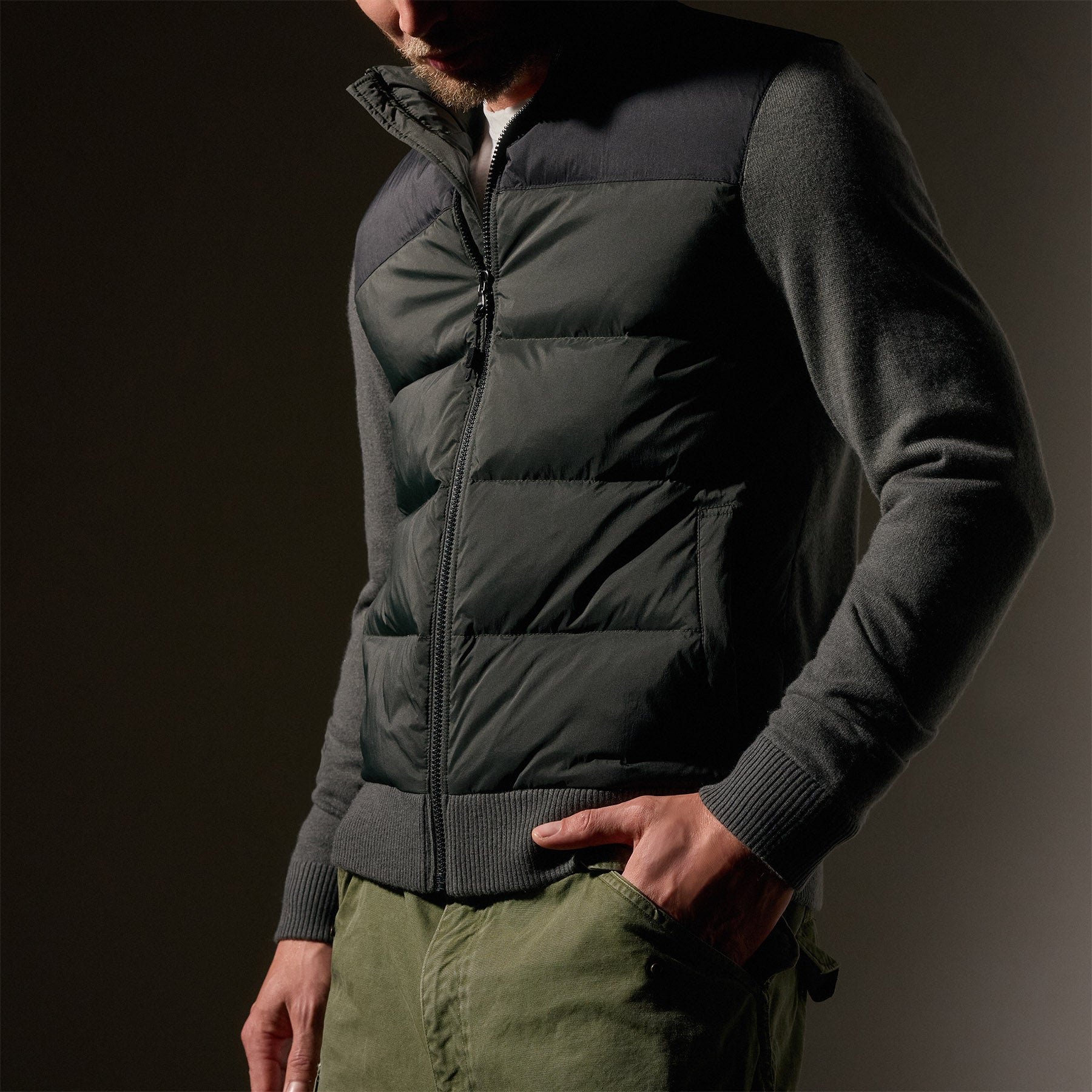 Two Tone Down Front Zip Up Sweater for Women - Black/Olive/Olive - Casual Winter Pullover for Outdoor Activities & Streetwear Fashion