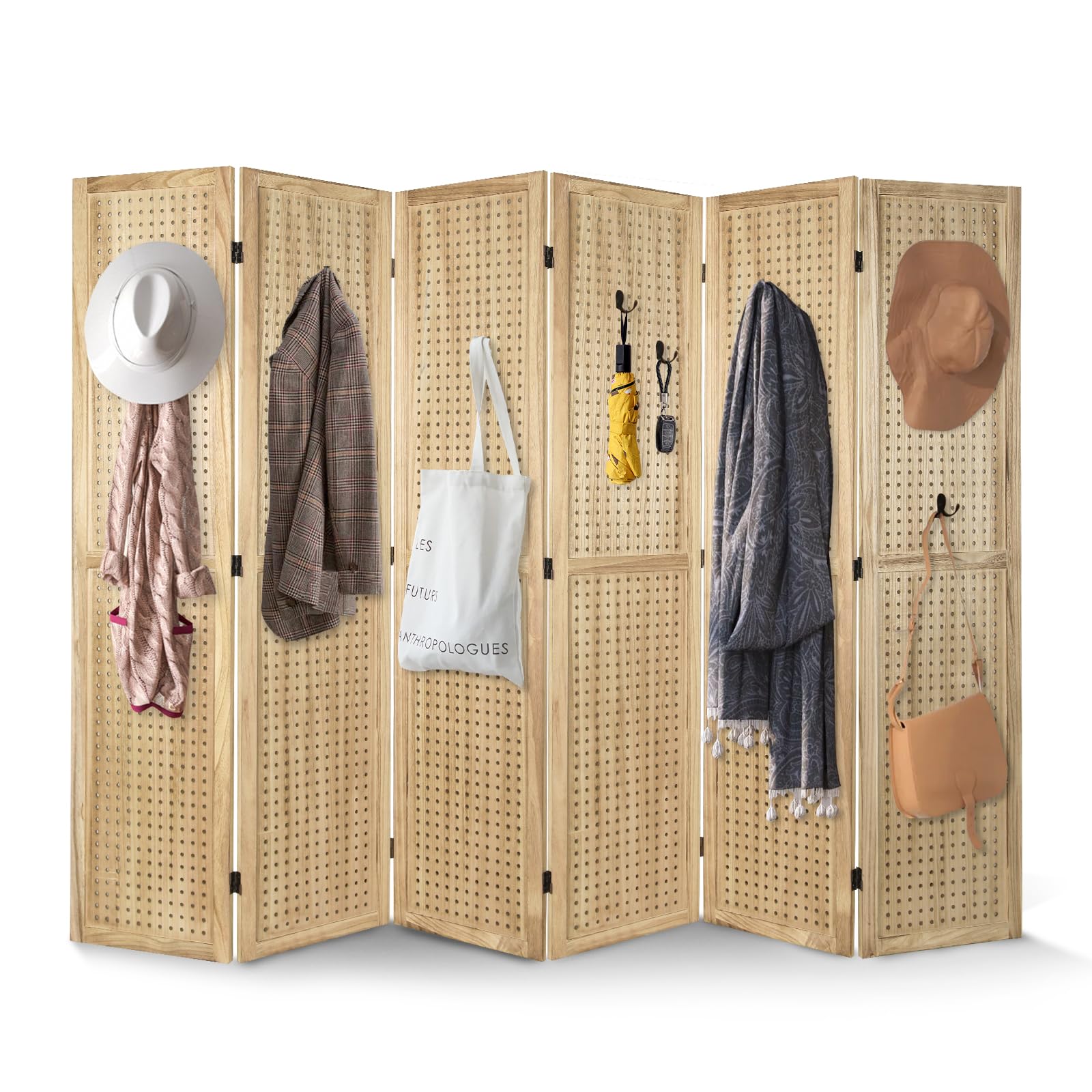 Babion 6 Panel Pegboard Display - Freestanding Folding Room Divider & Privacy Screen for Craft Shows, Trade Shows & Retail Displays - Natural Wood Finish - Perfect for Craft Rooms, Trade Booths & Home Organization
