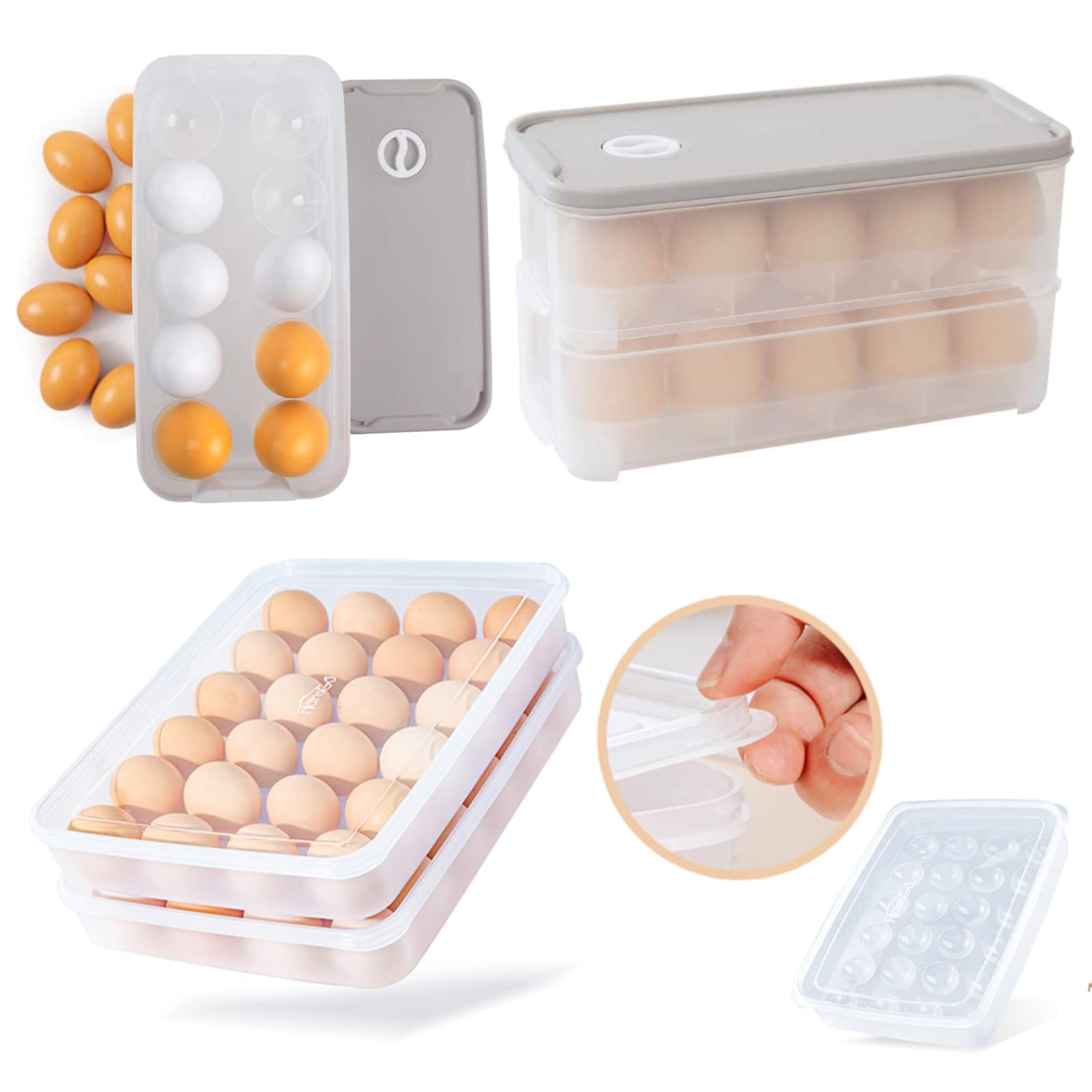 HANSGO 2-Pack 24-Cavity Plastic Egg Storage Containers with Lids & 20-Cavity Stackable Egg Tray Organizer - Kitchen & Fridge Egg Dispenser for Fresh Egg Storage - Perfect for Home, Farm, or Restaurant Use