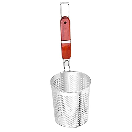 **Stainless Steel French Fry Basket with Wooden Handle - Large Deep Fryer Basket for Cooking, Frying Chips, Dumplings & Noodles - Durable Kitchen Strainer for Restaurants & Home Use**