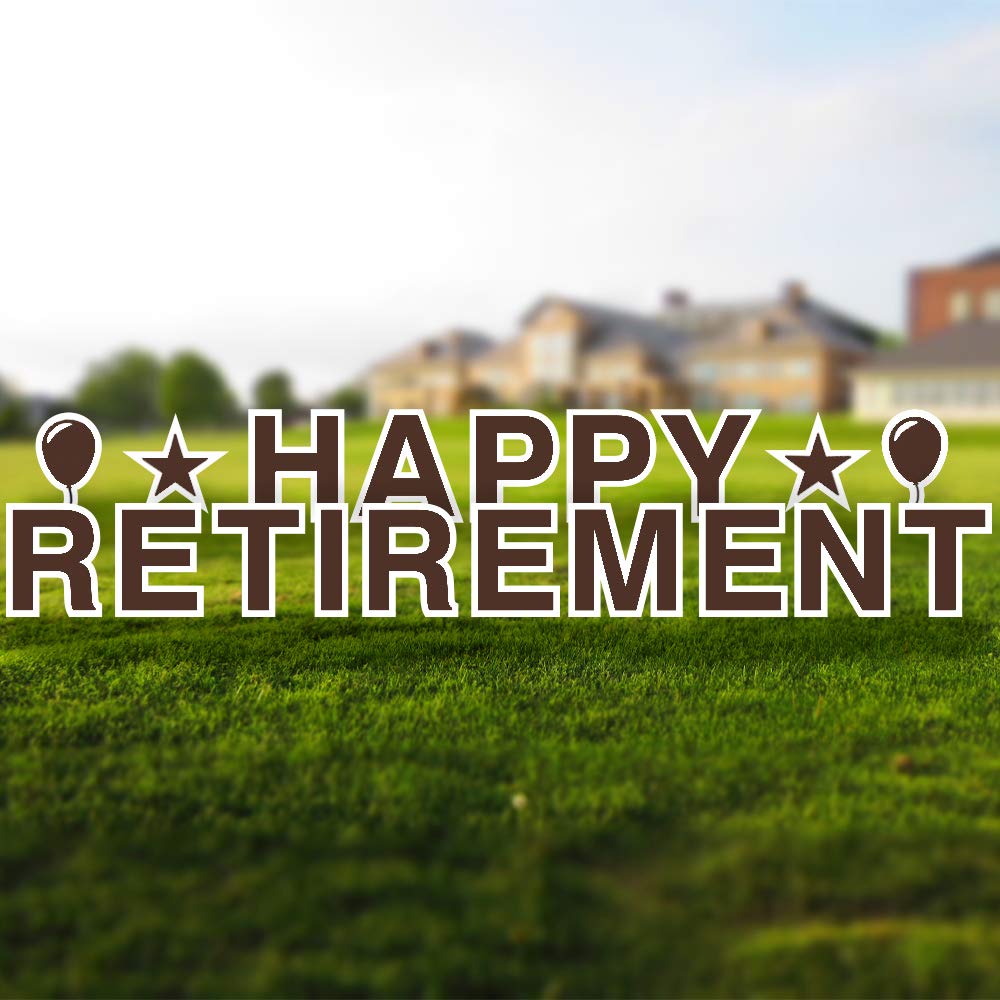Vispronet Happy Retirement Yard Sign - 18in Tall with Stakes & Emojis, Durable Corrugated Plastic Outdoor Sign - Perfect for Retirement Parties, Celebrations & Backyard Decorations (Brown)