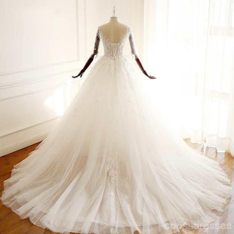 Elegant Long Sleeve V-Neck Lace Wedding Dress for Bride - Custom Bridal Gown WD295 | Perfect for Church Ceremony, Beach Wedding & Formal Reception