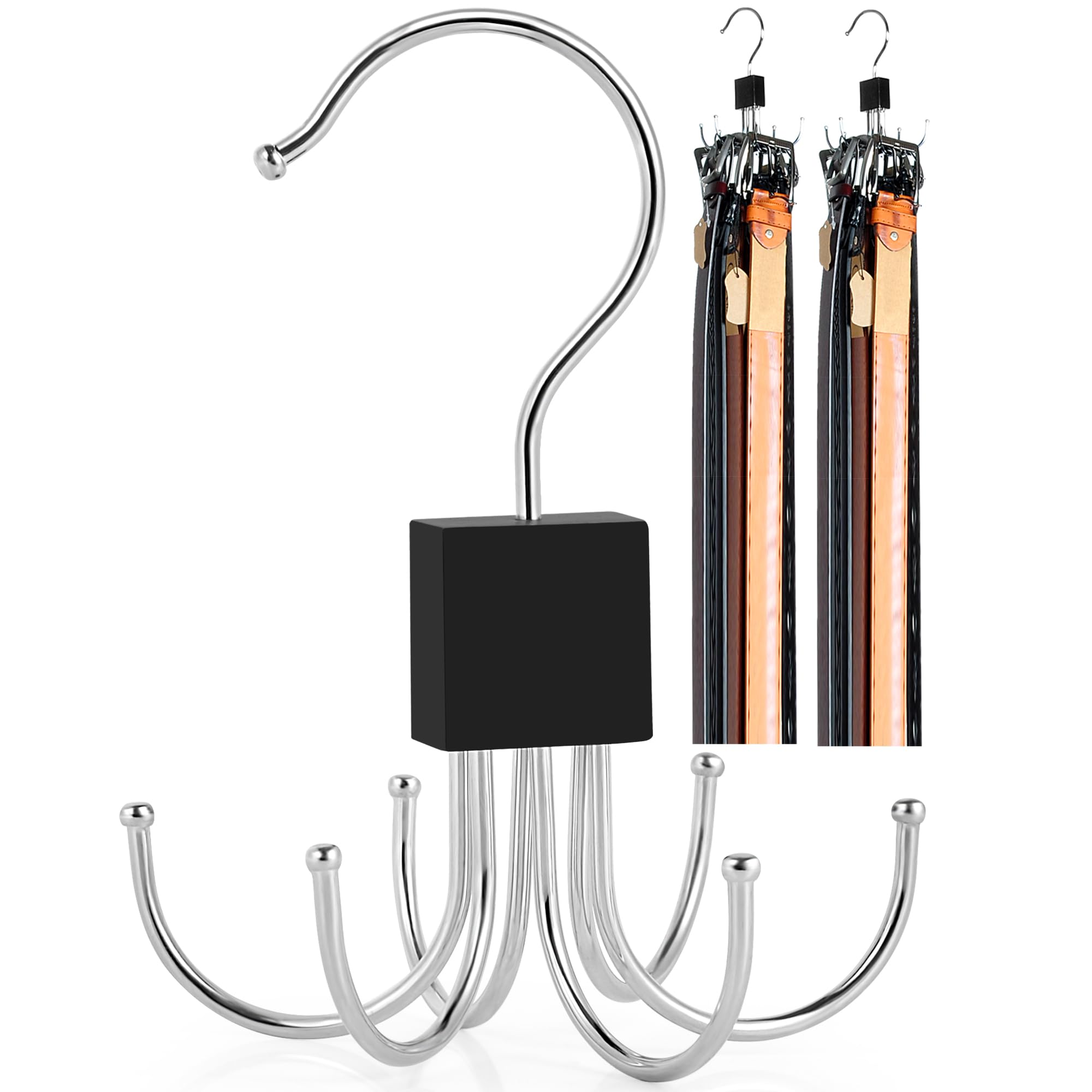2PCS Selumie Belt Organizer Hanger - Sturdy Wooden Belt Rack Holds 48 Belts, 360° Swivel Closet Organizer for Belts, Ties, Scarves & Accessories - Space Saving Closet Storage Solution for Men & Women - Perfect for Bedroom, Walk-in Closet or Dorm Organization