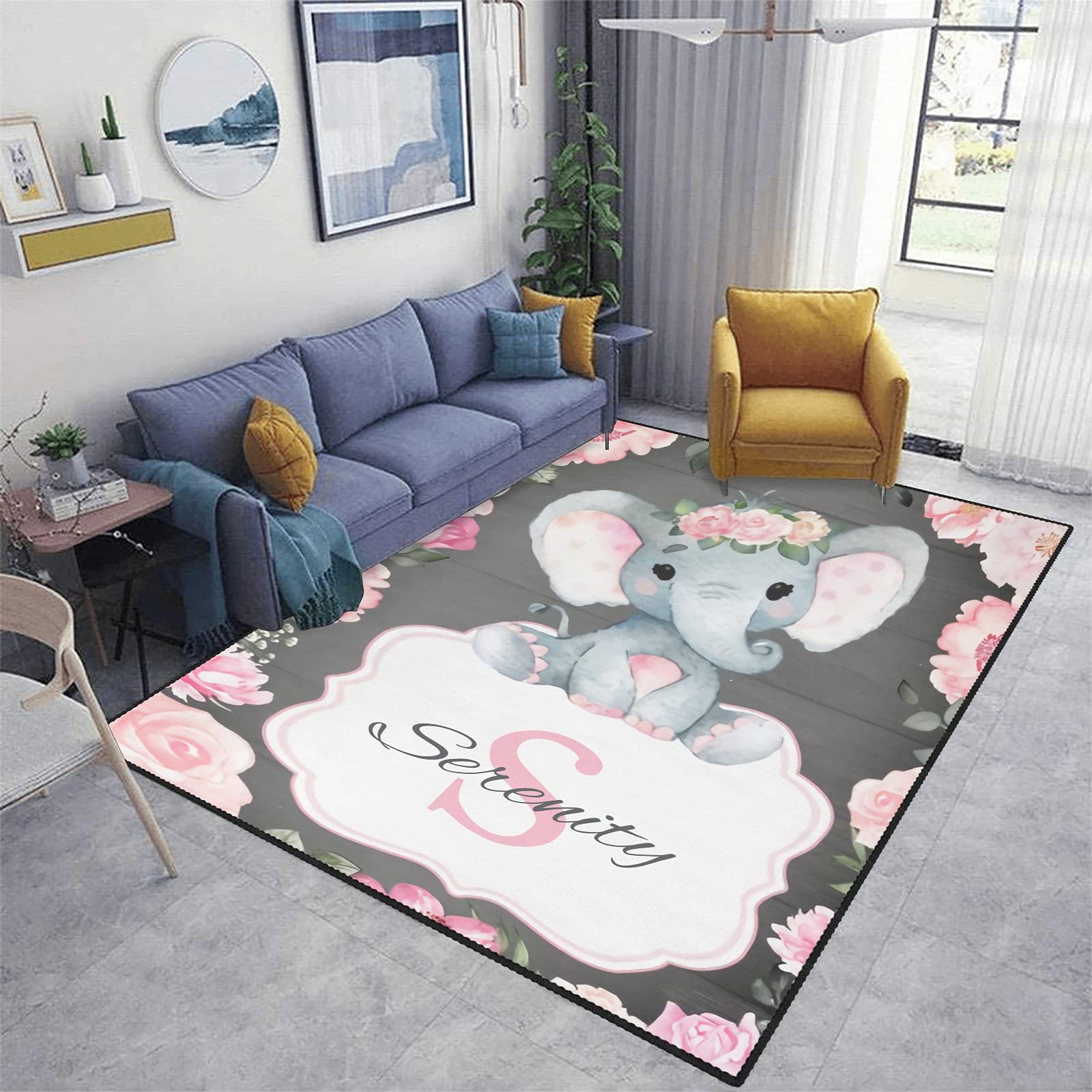 Custom Watercolor Elephant Rug - Pink Flower Play Mat for Nursery & Living Room