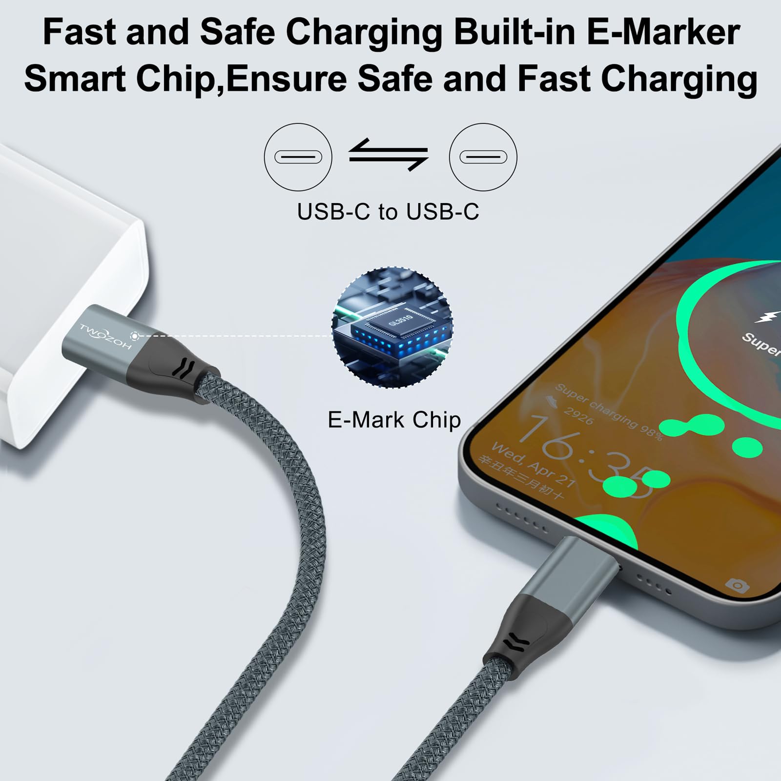 Twozoh USB C to USB C Cable 3.2 Gen 2 (20Gbps, 100W PD Fast Charging, 4K Video) 1M Gray - Compatible with MacBook Pro, iPad Pro, Galaxy S23 & More for Fast Charging & HD Video Transfer