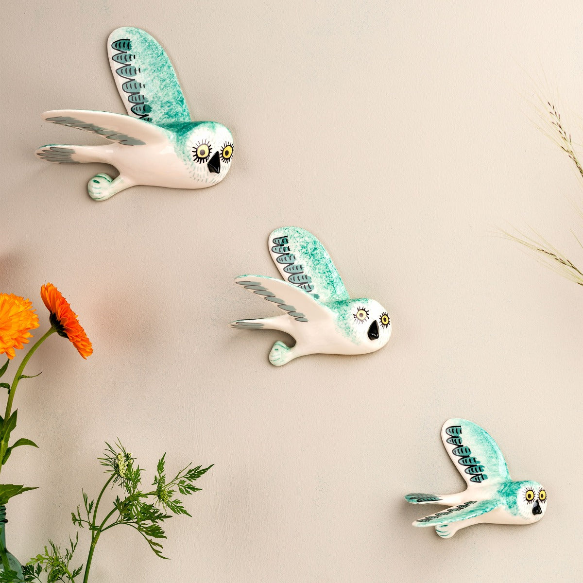 Handmade Ceramic Flying Owl Trio Wall Art - Teal Blue Decor by Hannah | Perfect for Boho, Farmhouse & Nursery Wall Decor