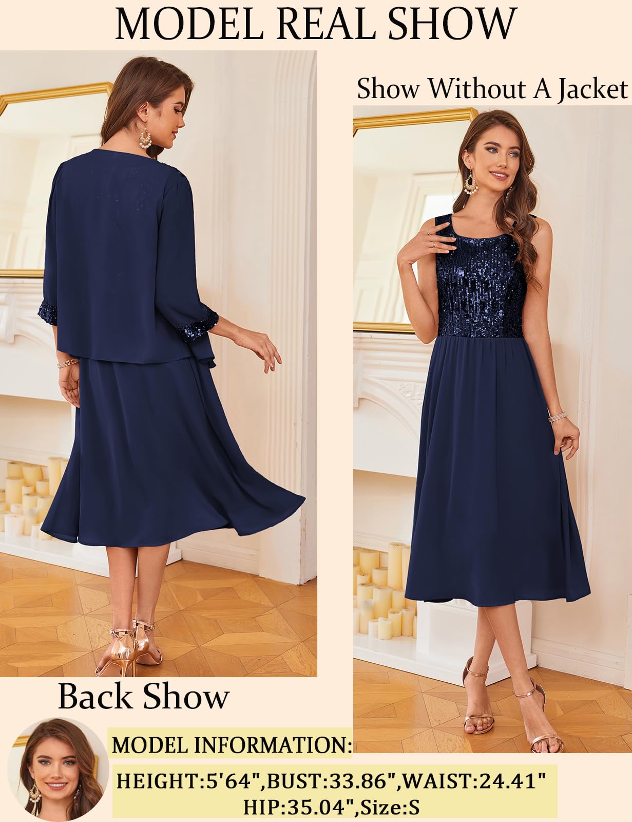 GRACE KARIN Elegant Sequin Two-Piece Wedding Guest Dress with Jacket - Mother of The Bride Formal Tea-Length Dress for Weddings, Parties & Special Occasions 2025