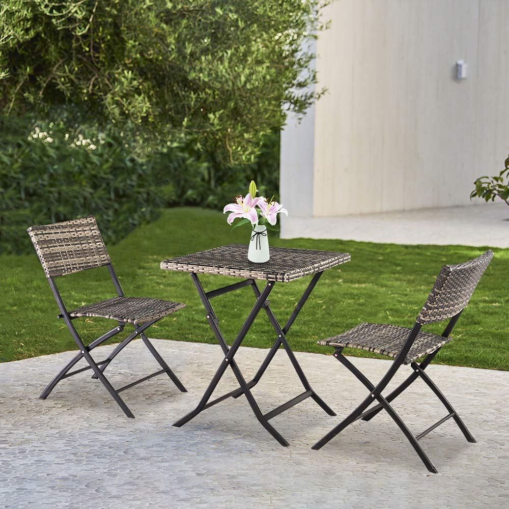 Ochine 3-Piece Rattan Wicker Folding Dining Table Set - Outdoor Patio Furniture for Garden, Backyard, Balcony | Weather-Resistant Bistro Set for Entertaining (Ships from USA)