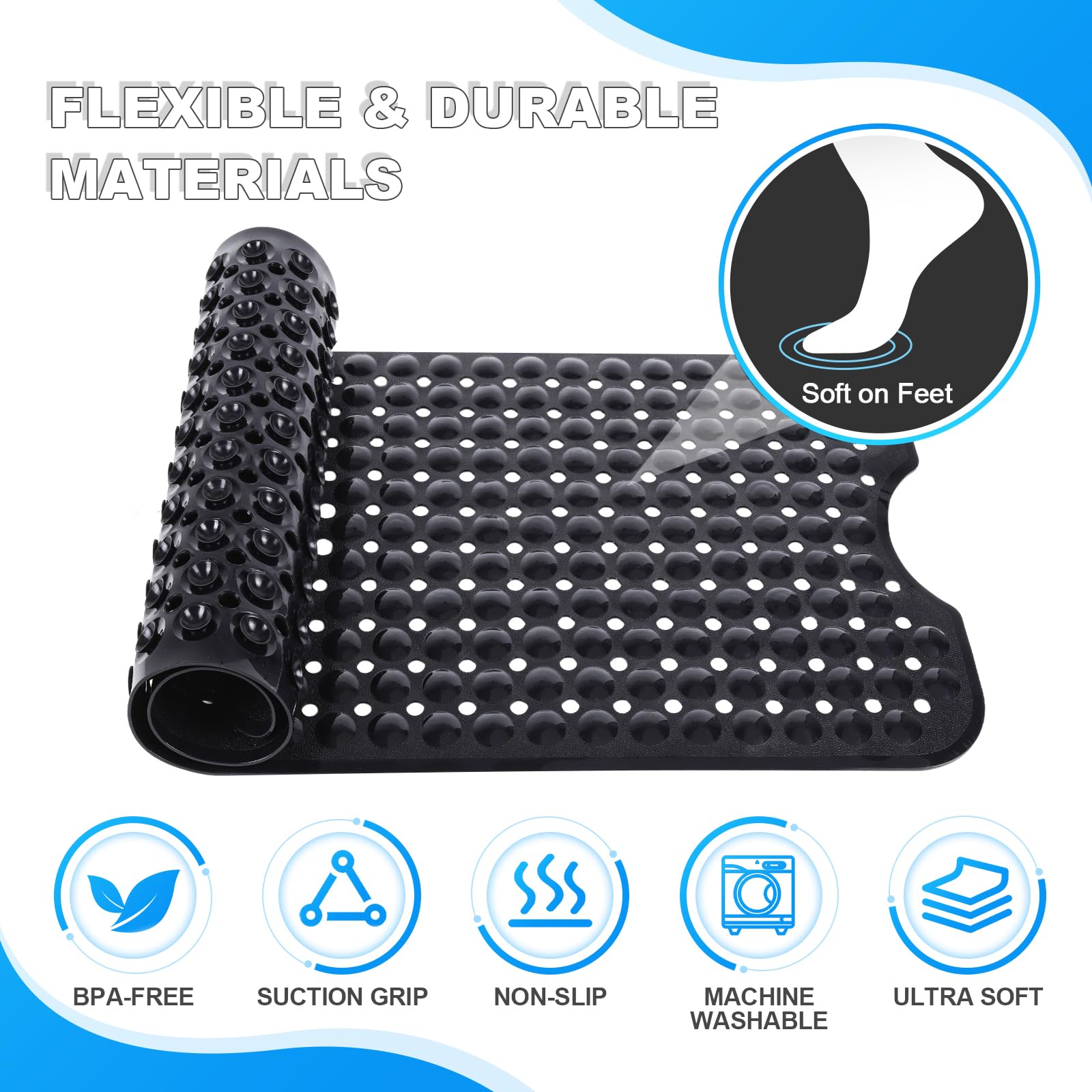 Non-Slip Bath Mat 40x16 Inch Extra Large - Soft Bathtub & Shower Mat with Strong Suction Cups & Drain Holes | Machine Washable Black Bathroom Floor Mat for Safety & Hygiene | Perfect for Kids, Elderly & Wet Areas