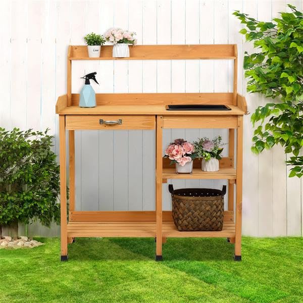Heavy Duty Wooden Potting Bench with Storage Shelf - Outdoor Garden Planting Work Station, Moisture-Resistant Metal Flower Pot Holder & Planter Table for Gardening, Landscaping & DIY Projects