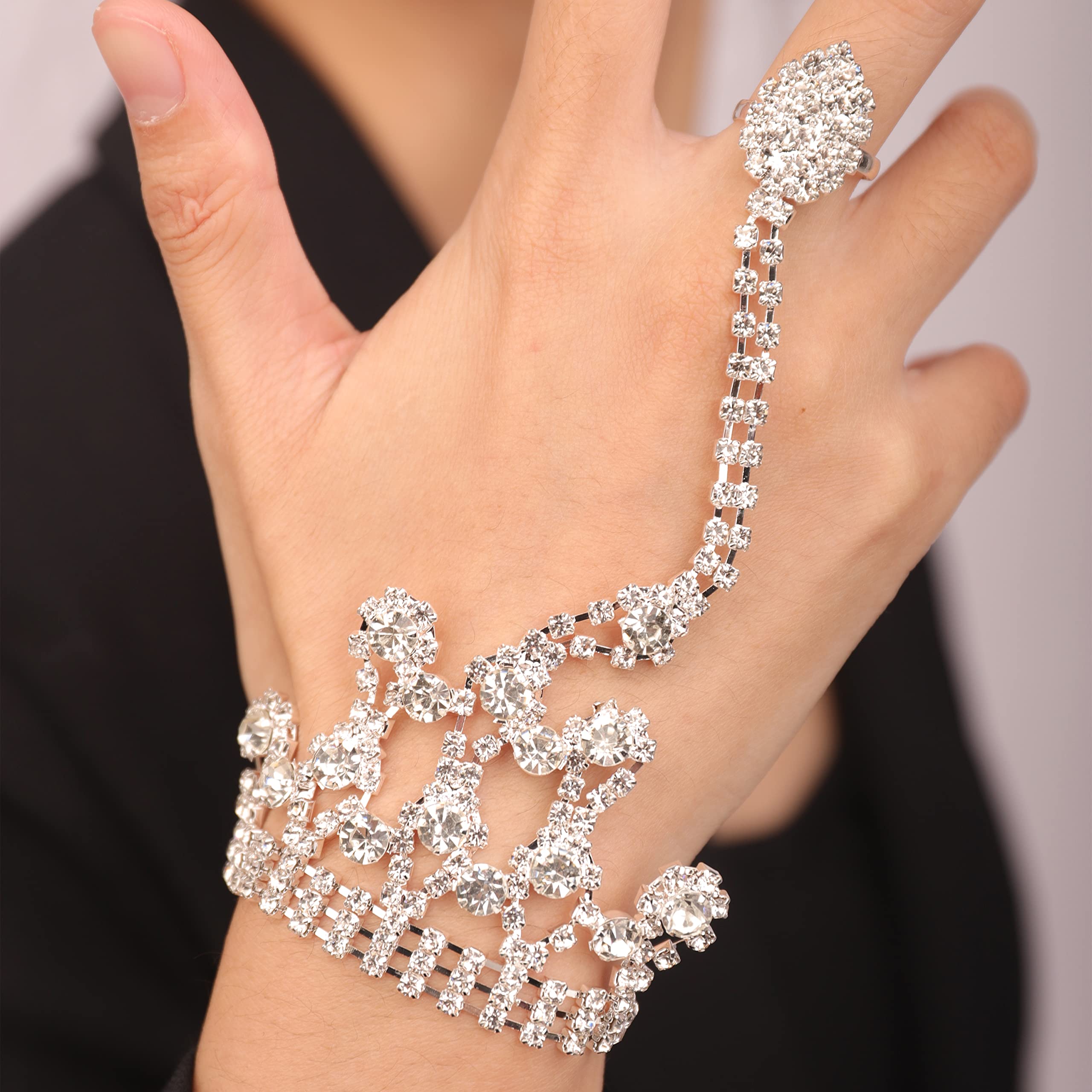 YERTTER Dainty Rhinestone Crystal Hand Chain Bracelet - Silver & Gold Finger Link Bangle for Women | Elegant Party, Wedding, Prom Jewelry Accessory