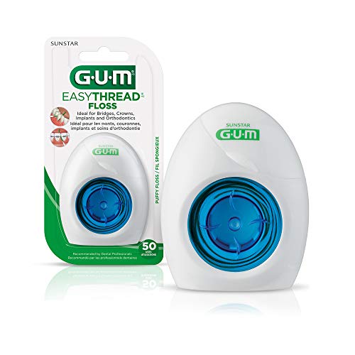 GUM EasyThread Expanding Dental Floss for Braces, Bridges & Implants - 50 Pre-Threaded Flossers with Built-in Rigid Threaders | Perfect for Oral Care with Dental Work & Tight Spaces