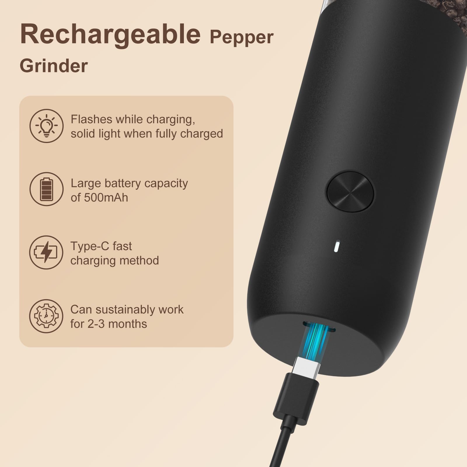 Ultrean Rechargeable Electric Salt and Pepper Grinder Set (2 Pack) - Adjustable Coarseness, LED Light, One-Hand Operation - Perfect for Kitchen, Dining Table & Outdoor Cooking - Black