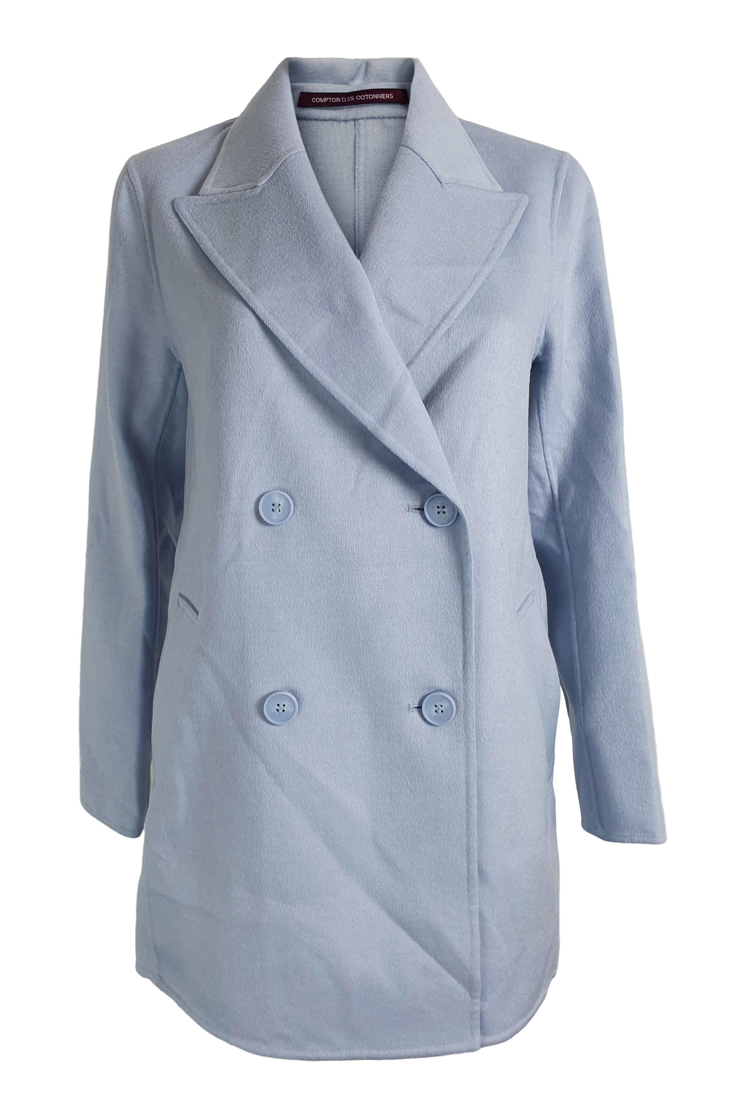 Comptoir des Cotonniers Women's Wool & Silk Blend Heather Blue Pea Coat (Size FR 34) - Elegant Winter Outerwear for Work & Casual Wear