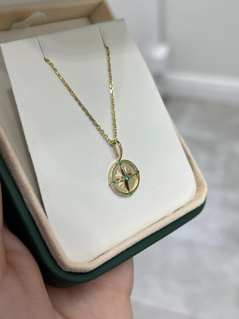 0.10tcw Natural Round Emerald Compass Pendant in 14K Gold - Dainty Vivid Medium Green Gemstone Jewelry for Women - Perfect for Everyday Wear, Gift Giving & Special Occasions