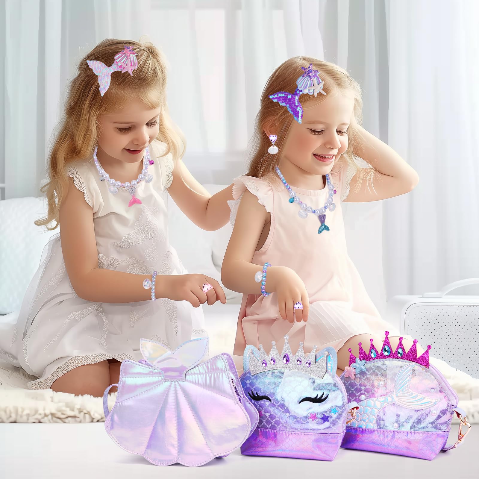 Belle&Birdie 6Pcs Little Girl Purse Set - Toddler Pretend Play Accessories with Dress Up Jewelry & Play Toys for Kids | Perfect for Birthday Gifts, Tea Parties & Dress-Up Games