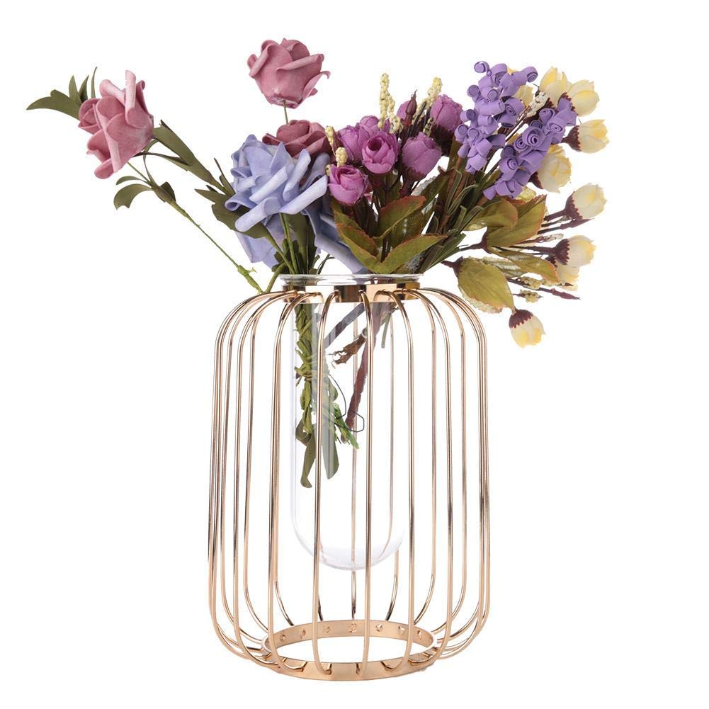 Modern Nordic Lantern Shaped Wrought Iron Glass Flower Vase - Champagne Gold Home Decor for Living Room, Bedroom, Dining Table & Wedding Centerpiece | Elegant Tabletop Decoration for Fresh or Artificial Flowers