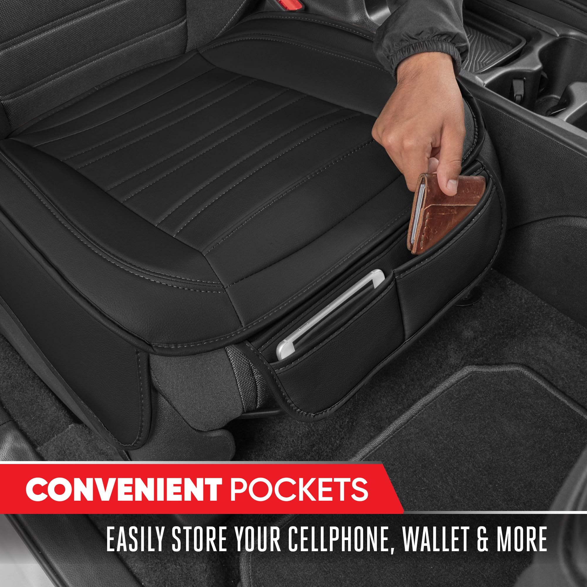 Premium Faux Leather Car Seat Covers Full Set for Cars, Trucks & SUVs - Black Padded Design with Storage Pockets | Waterproof & Anti-Slip Protection | Perfect for Road Trips, Daily Commute & Family Travel