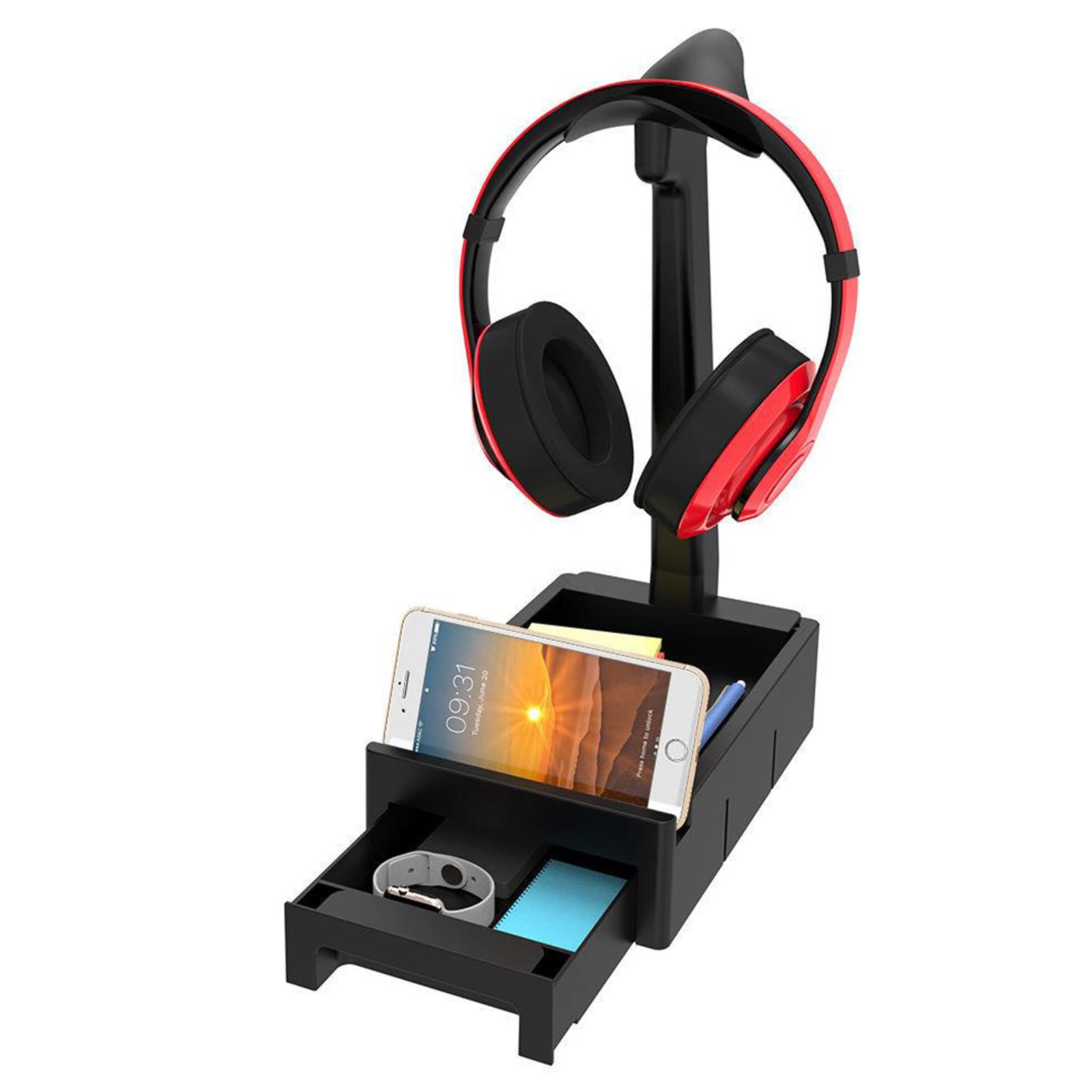Premium Universal Headphone Stand with Storage Drawer - Durable Phone & Headset Holder for Gaming, Office & Home Use - Compatible with All Headphones & Devices