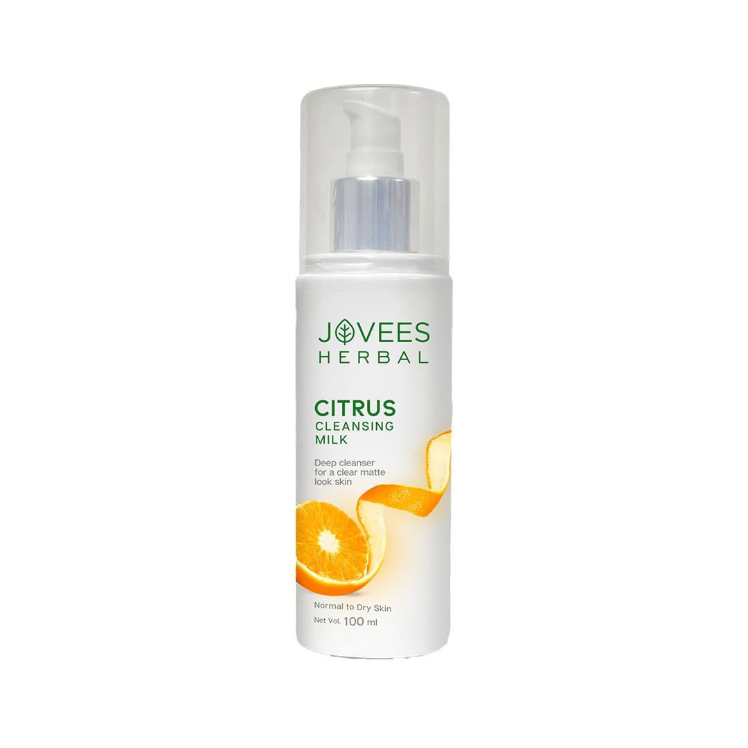 Jovees Herbal Citrus Cleansing Milk with Lemon Peel, Almond & Coconut Oil - Gentle Face Wash for Soft, Clean & Healthy Skin | Makeup Remover & Dirt Cleanser for Normal to Dry Skin | Perfect for Daily Skincare Routine & Post-Makeup Cleansing - 100ml