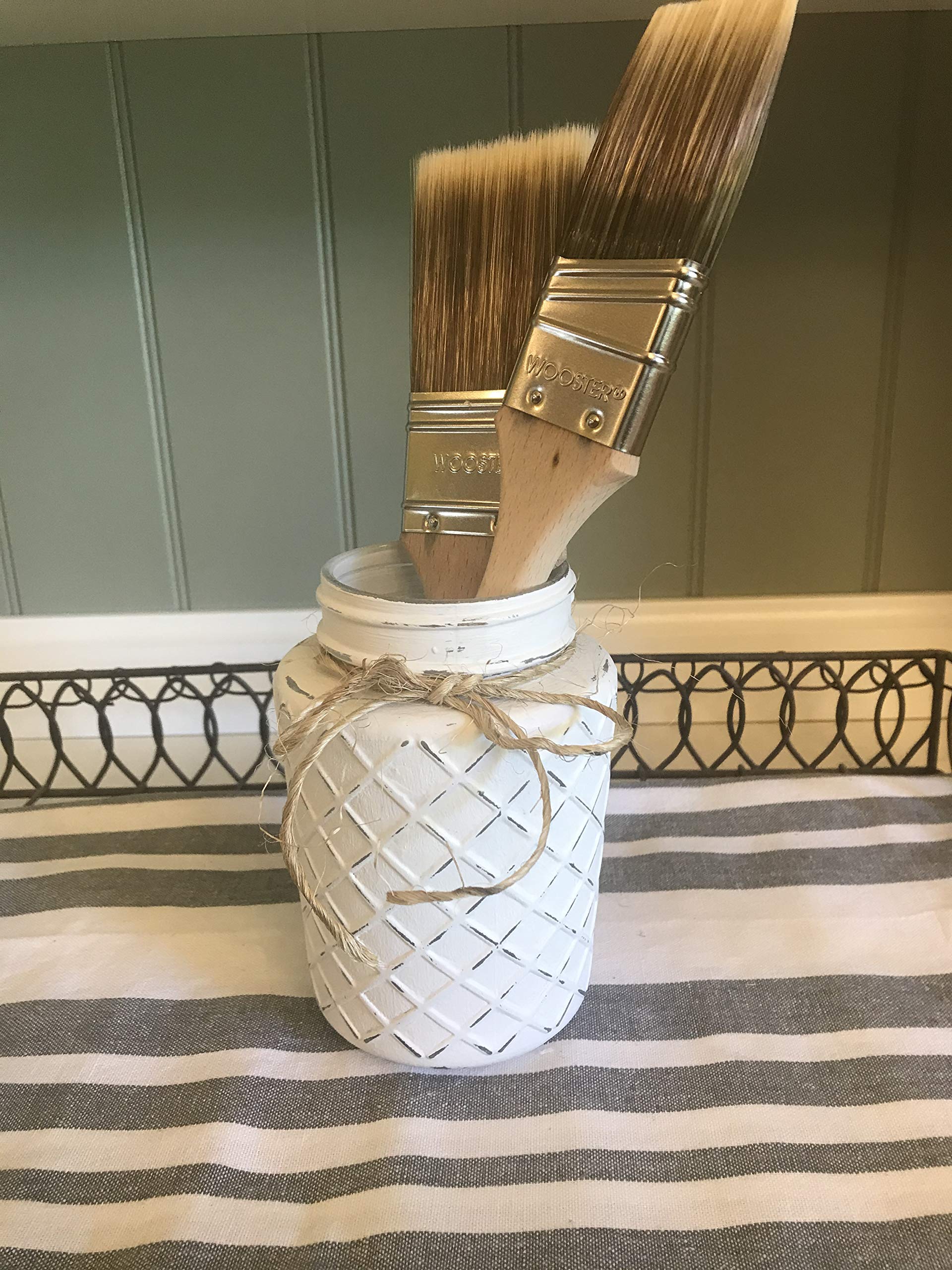 Hand Painted Chalk Paint Lattice Jar - 20 oz Linen White Mason Jar for Farmhouse Decor, Rustic Weddings, and DIY Home Crafts