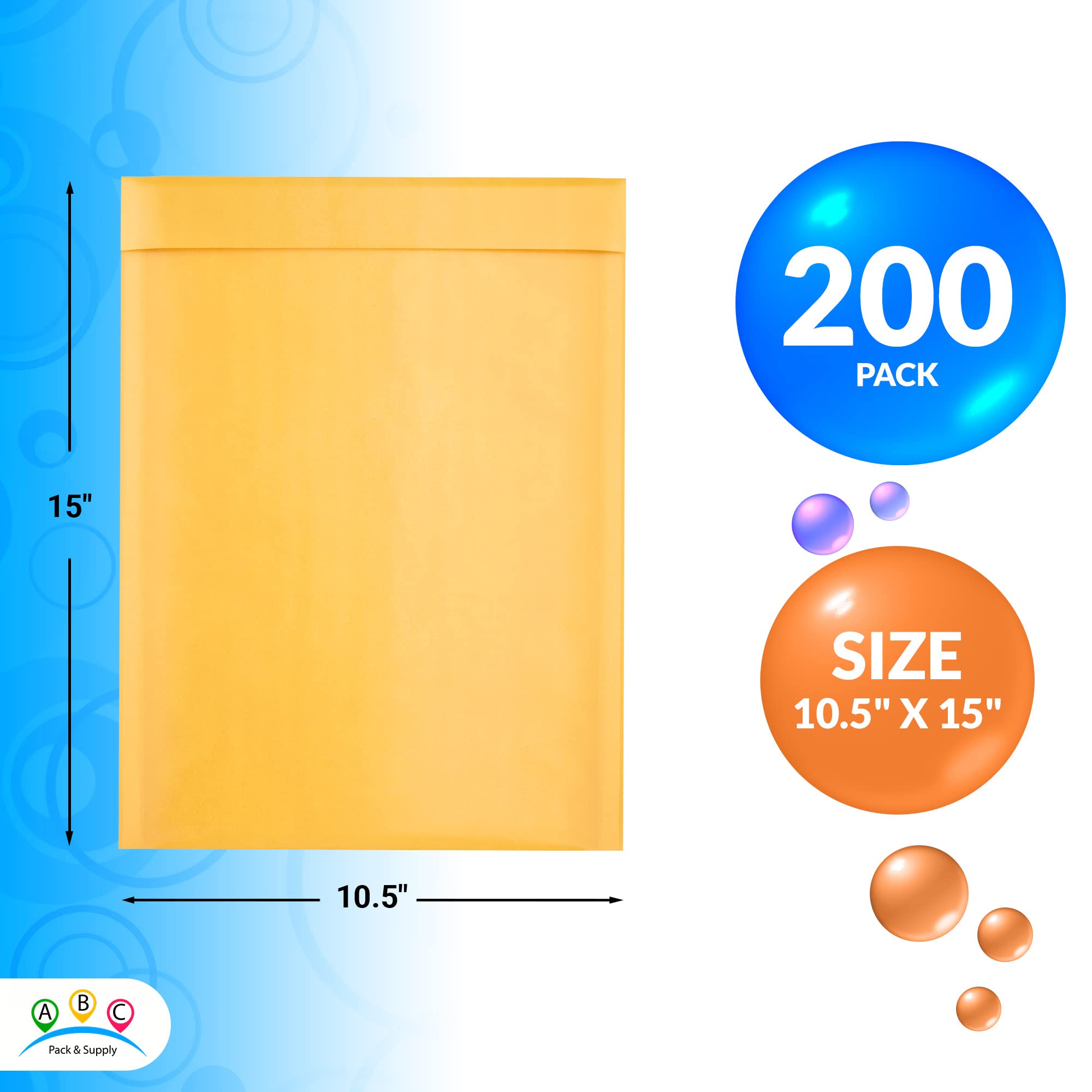 ABC PACK & SUPPLY 10.5 x 15 Inch Kraft Bubble Mailers - Pack of 200 Yellow Self-Seal Padded Shipping Envelopes with Bubble Cushioning & Self-Adhesive Tape - Perfect for Ecommerce, Amazon FBA, eBay Shipping & Small Business Packaging