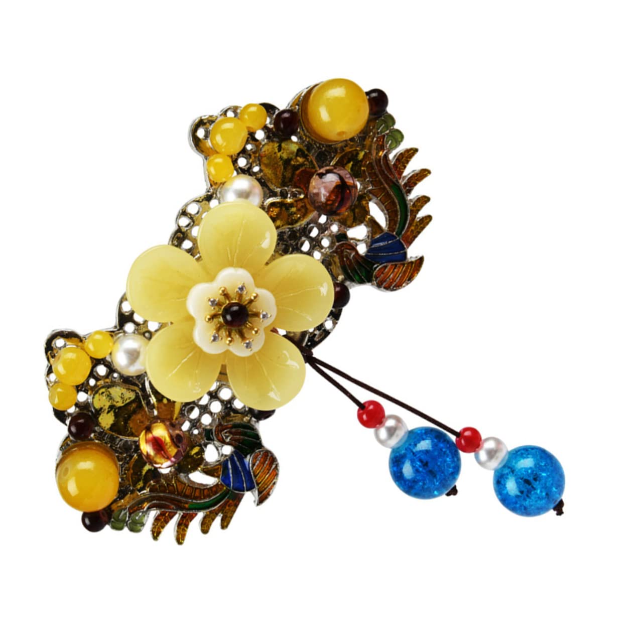 Pearl Hair Barrettes for Women - Elegant Metal Hair Clips with Flower Design, Chinese Style Hair Accessories, Hair Claw Clip & Back Barrette (Yellow) - Perfect for Weddings, Parties and Daily Styling