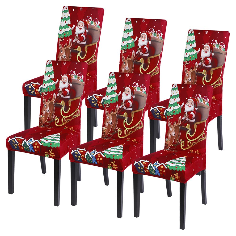 Stretch Christmas Chair Covers Set of 6 - Washable Holiday Parsons Chair Slipcovers for Dining Room, Kitchen & Ceremony Decor (Santa Claus + Elk Design) - Perfect for Christmas Parties, Family Gatherings & Festive Home Decor