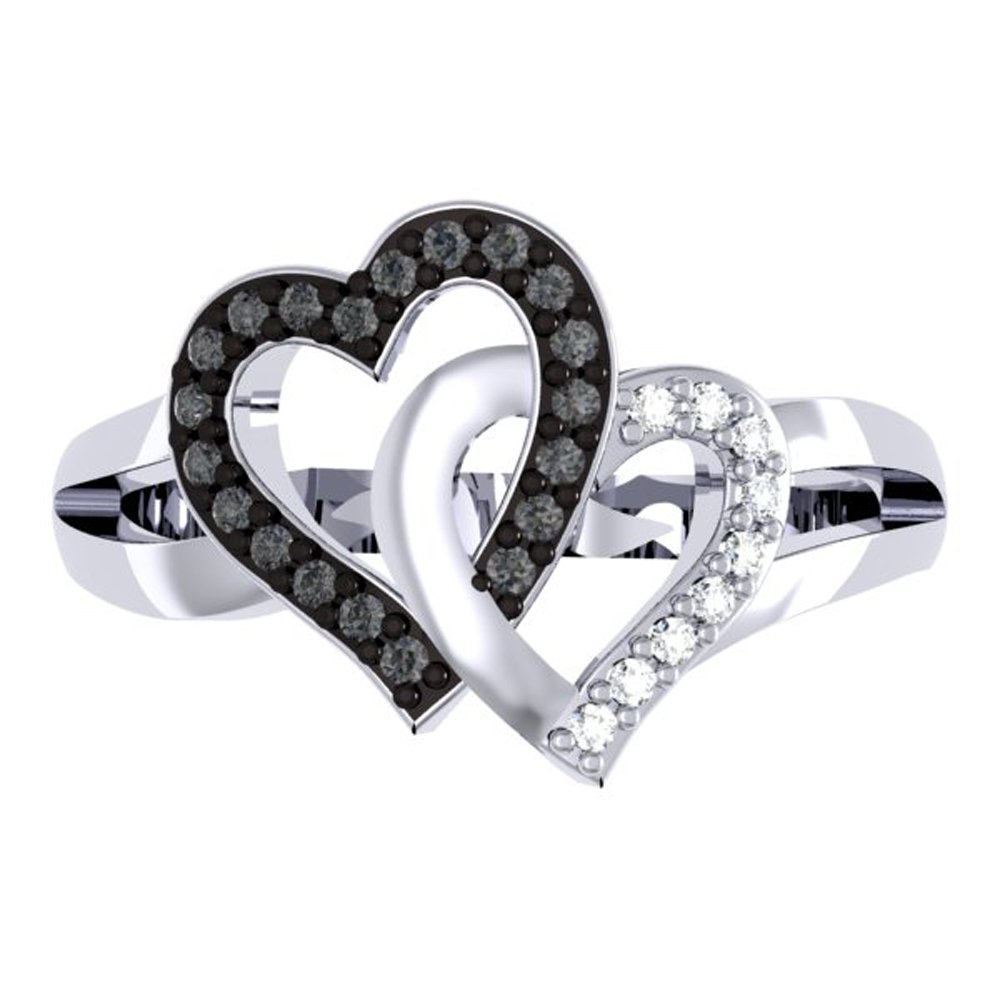 0.25 Carat Black & White Diamond Double Heart Promise Ring for Women - 925 Sterling Silver Split Shank Design - Perfect for Anniversaries, Engagements & Romantic Gifts