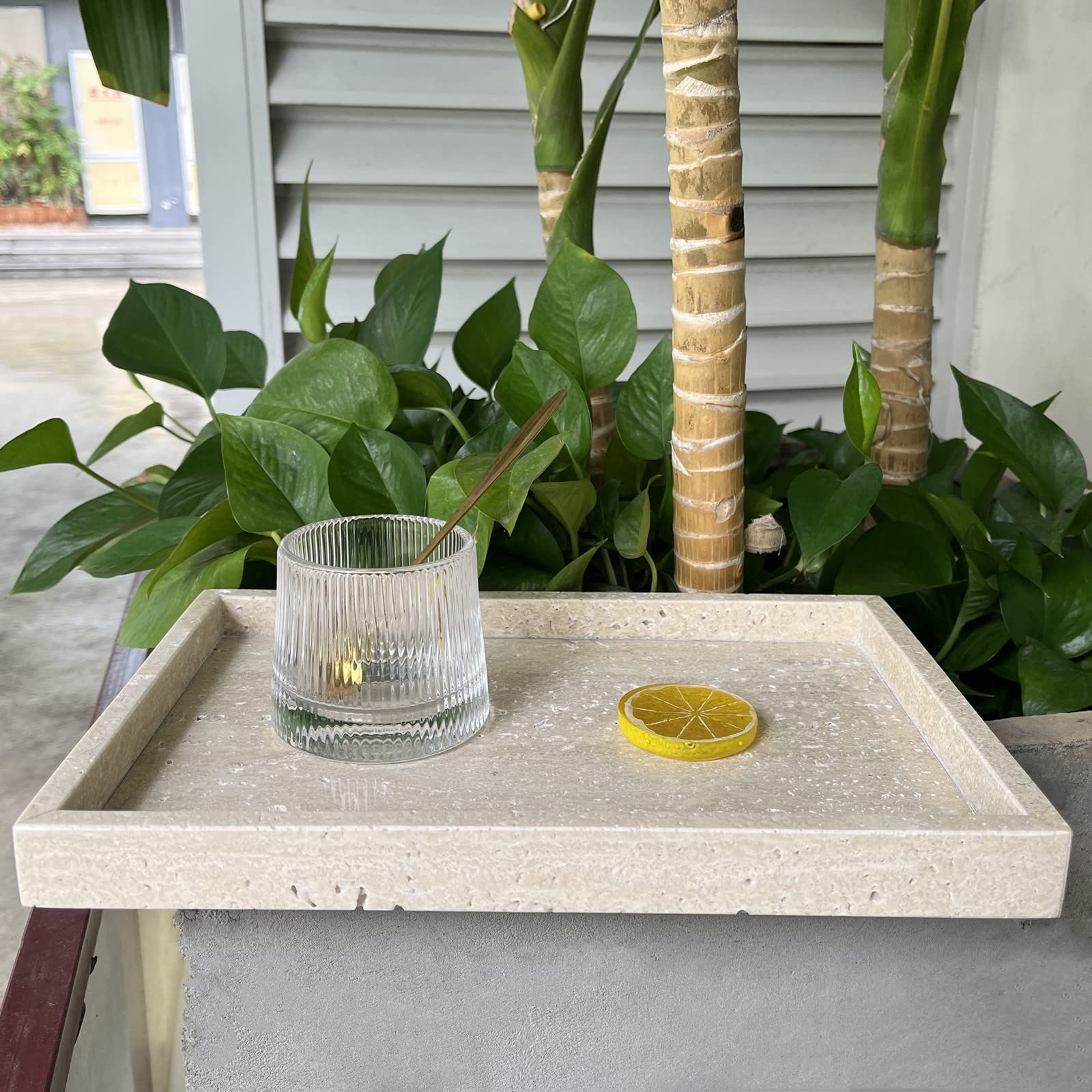 Natural Marble Vanity Tray for Cosmetics & Jewelry | Decorative Catchall Tray for Dresser, Bathroom & Kitchen | Beige Travertine Stone Organizer (11.8