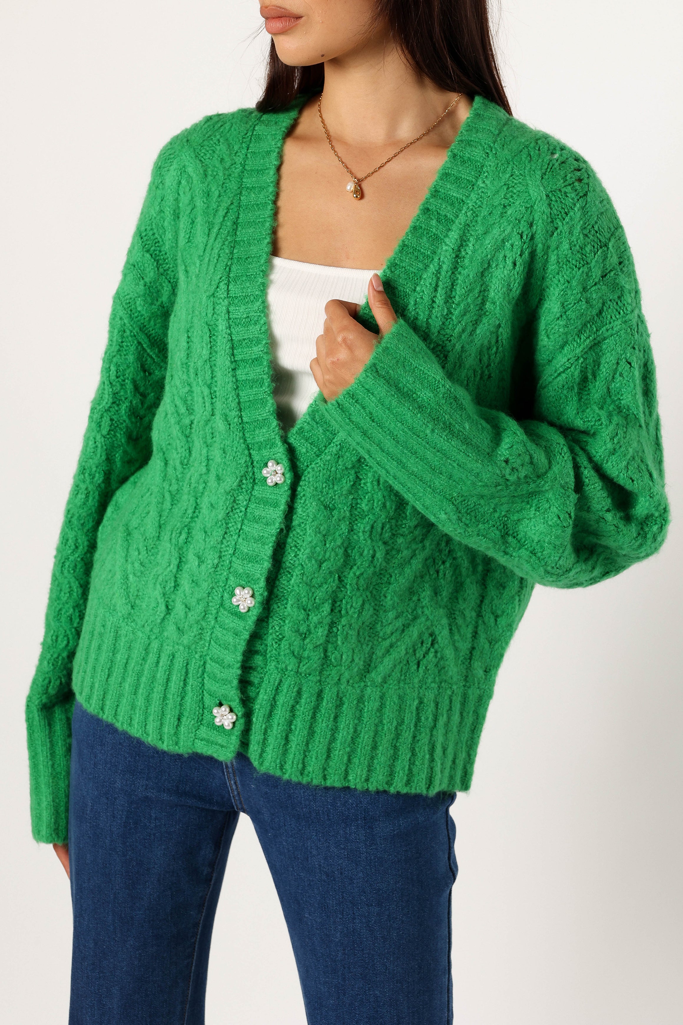 Alessandra Crystal Button Cardigan - Elegant Spearmint Green Knit Sweater for Women | Perfect for Office Wear, Date Nights & Fall Layering
