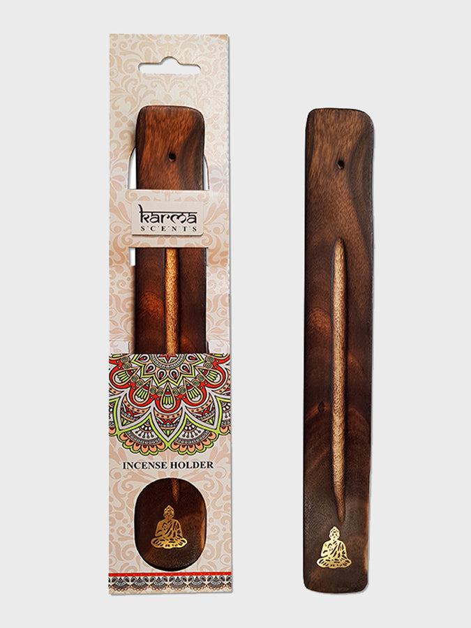 Namaste Karma Scents Brass Inlay Mango Wood Incense Ash Catcher Holder with Buddha Design - Perfect for Meditation, Yoga, and Spiritual Practices