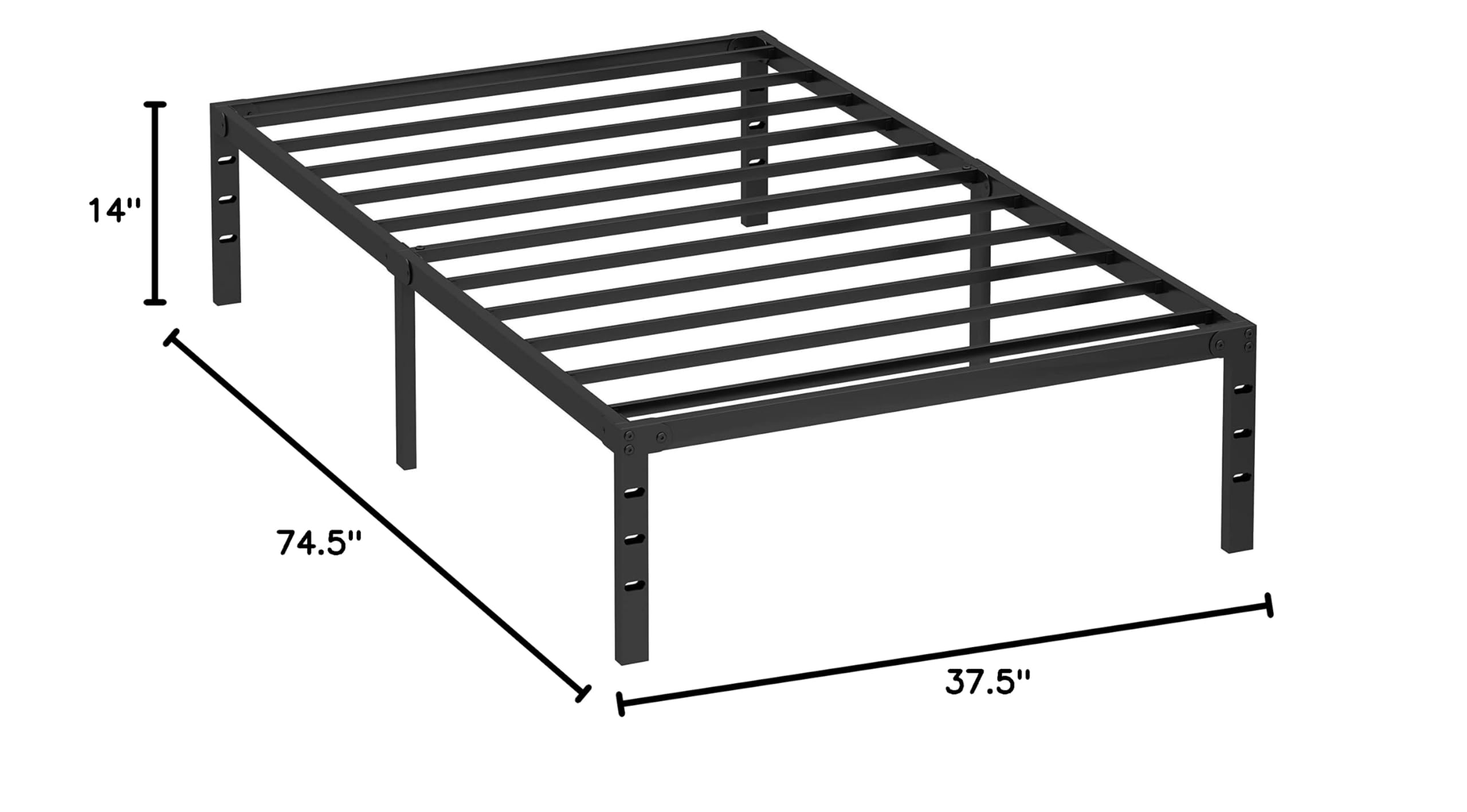 Sturdy 14 Inch Black Reinforced Metal Bed Frame with Steel Bar Support - Easy Assembly & Transport, Under Bed Storage Space - Perfect for Twin Beds in Dorms, Apartments & Guest Rooms