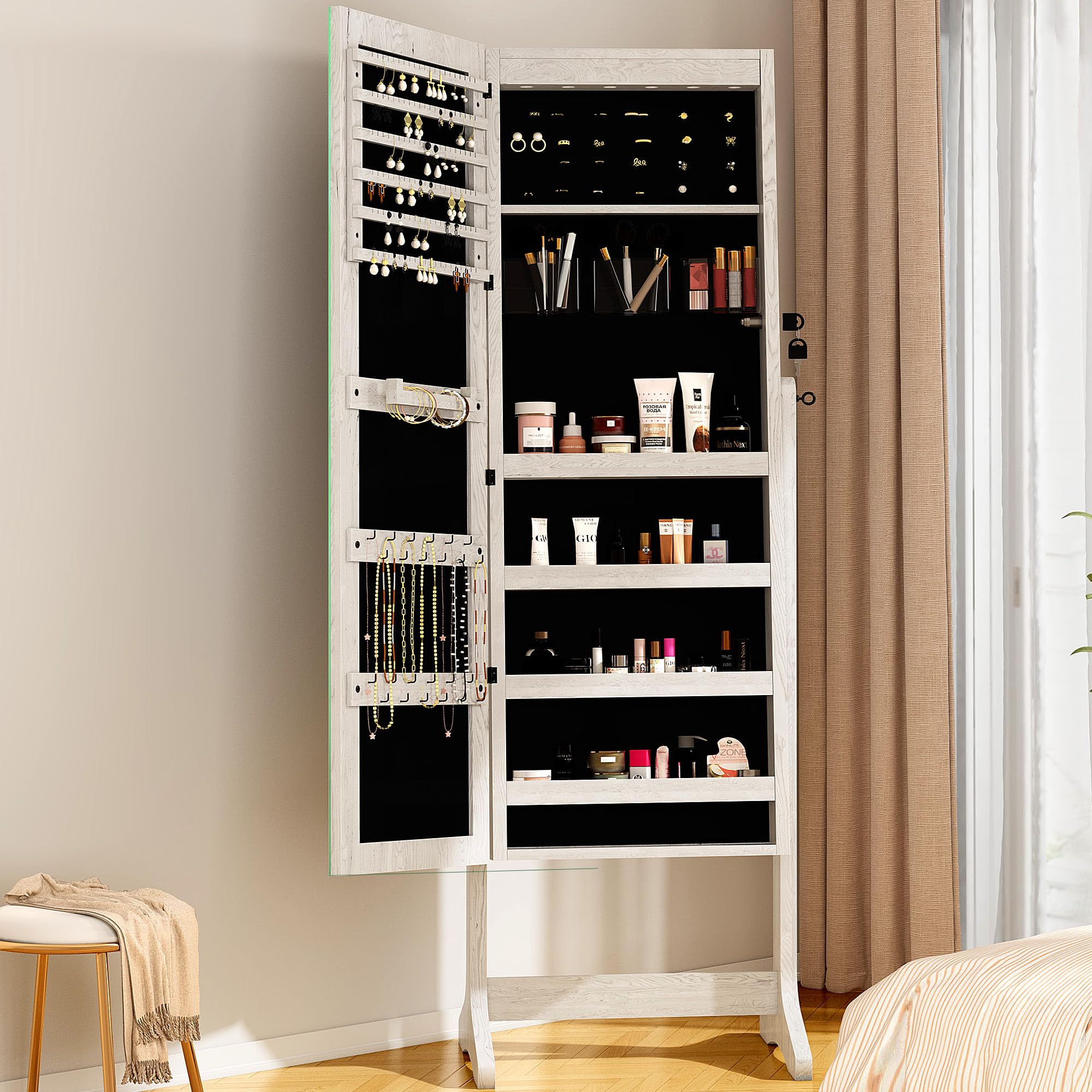 Full Length Mirror Jewelry Cabinet with Storage - White Wooden Standing Jewelry Organizer & Makeup Mirror | Perfect for Bedroom, Dressing Room & Closet Organization