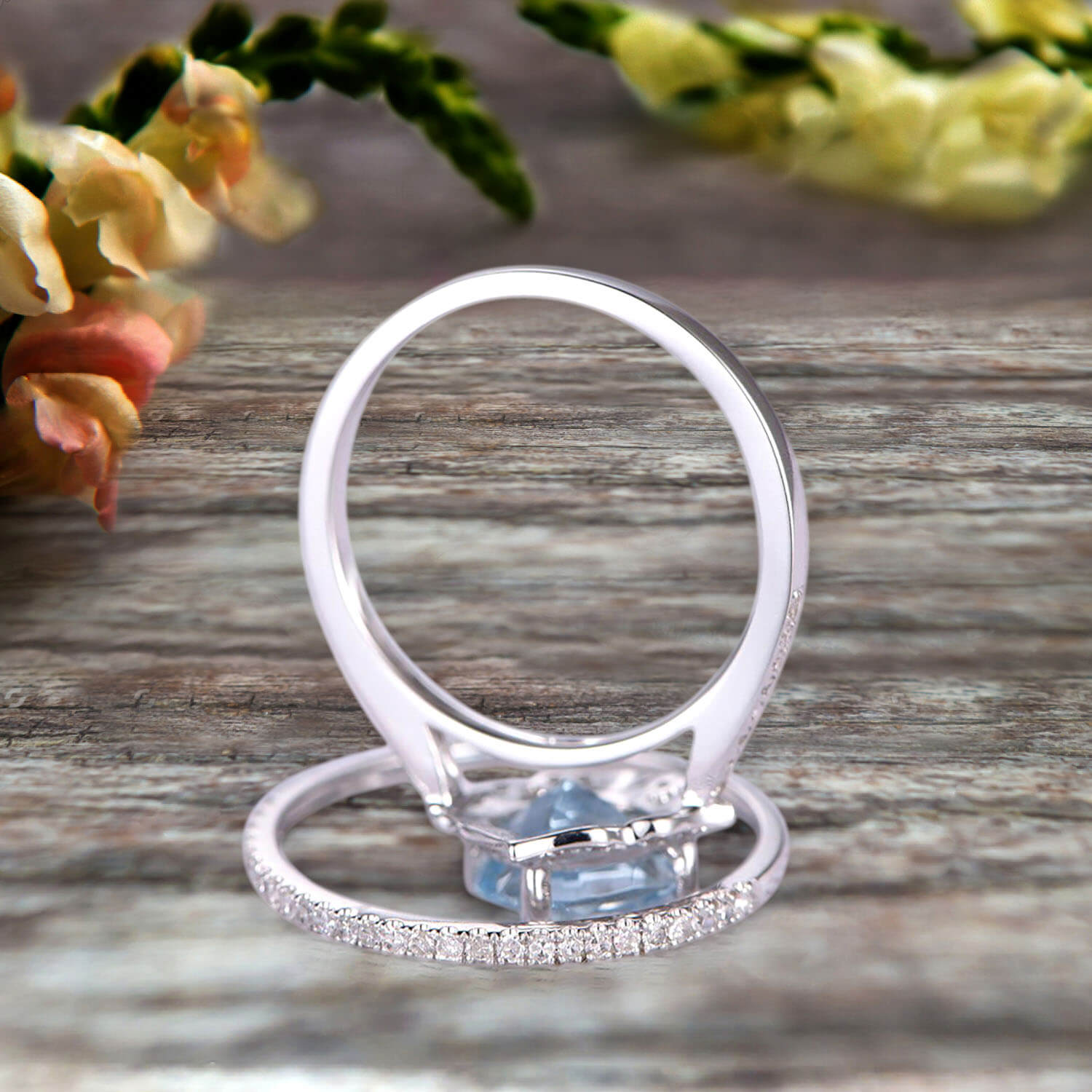 2Pcs Vintage Halo Wedding Ring Set - 1.75 Carat Cushion Cut Aquamarine Engagement Ring with Matching 10k White Gold Band | Perfect for Proposals, Anniversaries & Romantic Occasions