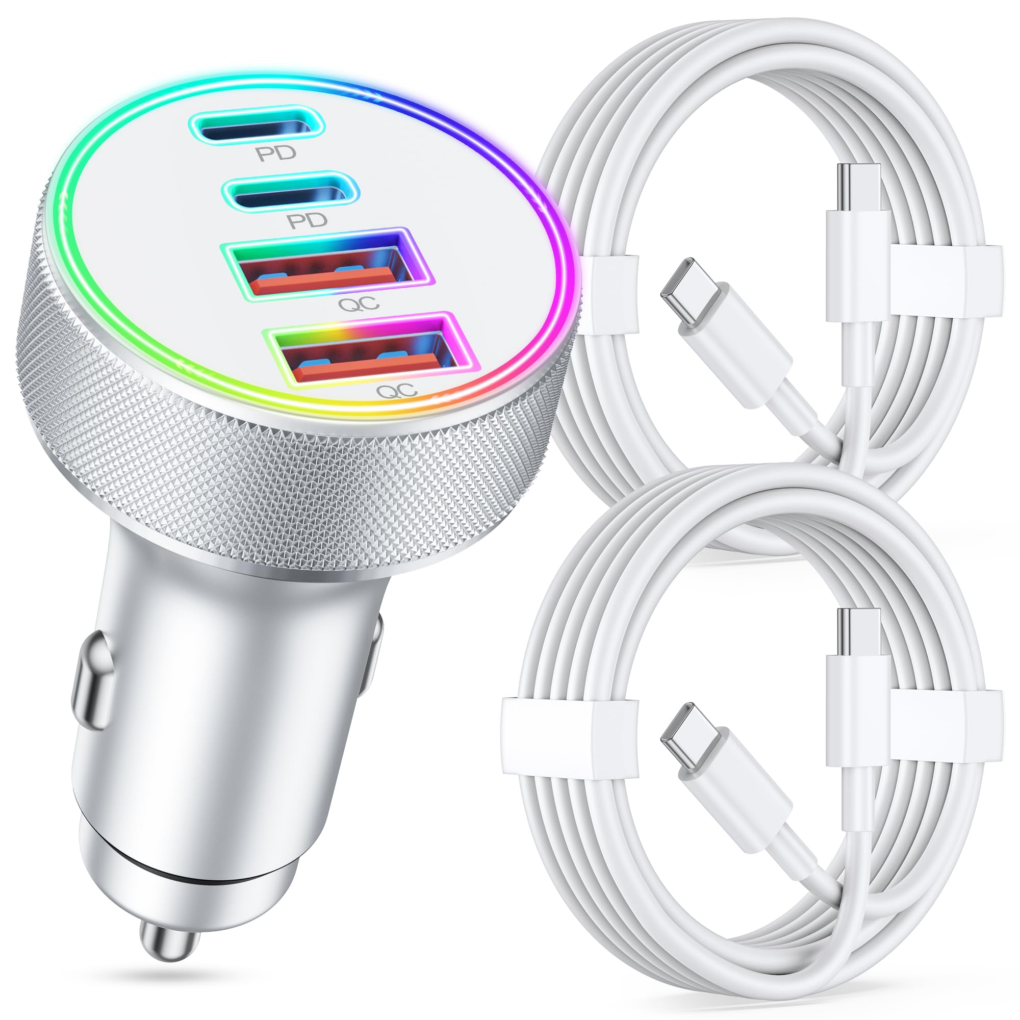 90W 4-Port Fast USB C Car Charger with 3FT Cable for iPhone 16/15 Pro Max - Dual Port Rapid Charging for iPhone 16 Series, iPad Pro/Air/Mini - Perfect for Road Trips & Long Commutes