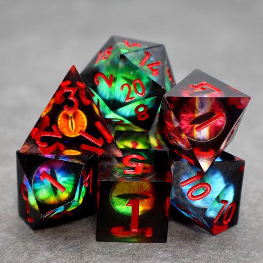 Black Resin 7-Die RPG Dice Set with Dragon Eyes Design - Perfect for Dungeons & Dragons, Pathfinder, and Tabletop Role-Playing Games