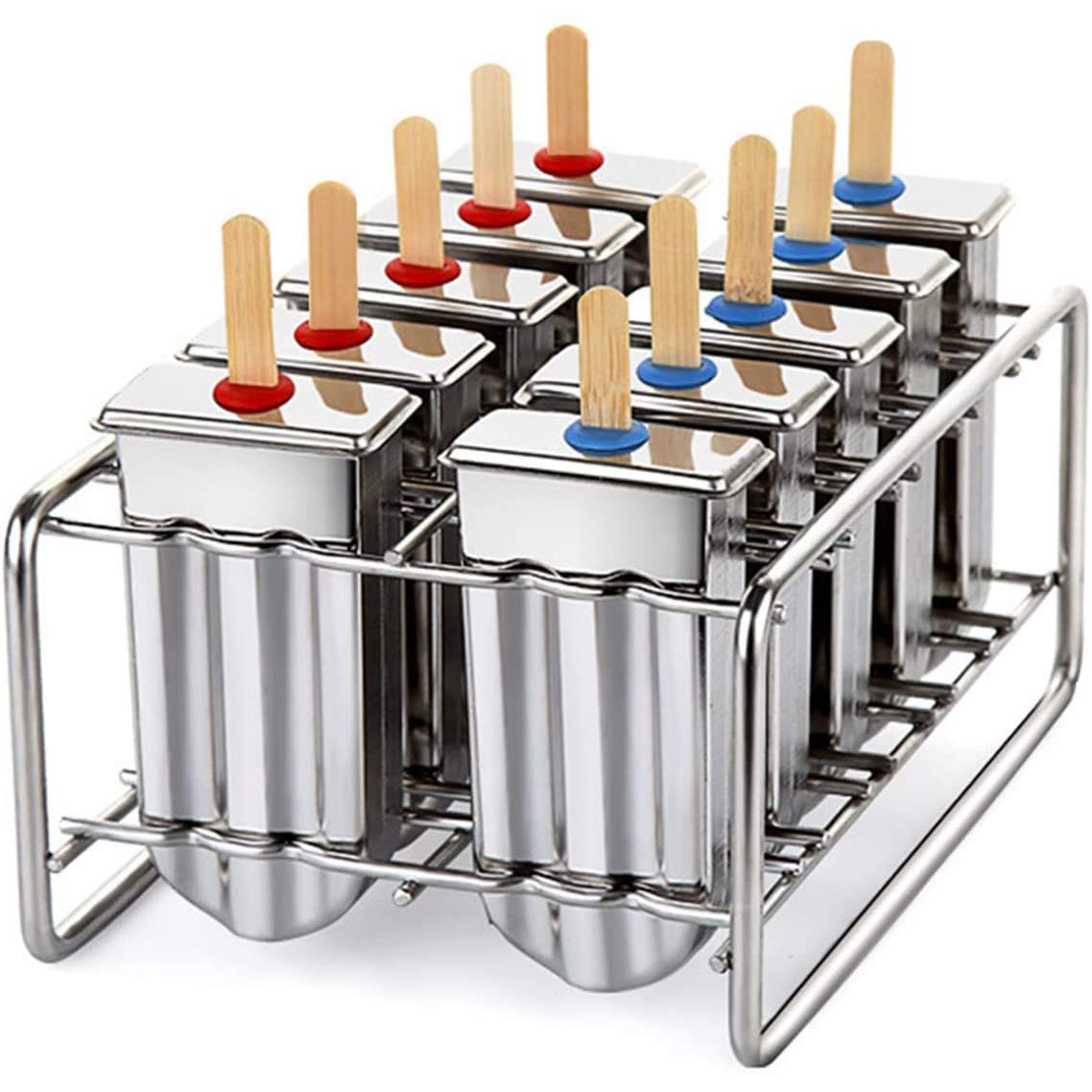CCFCF Stainless Steel Ice Lolly Popsicle Molds Kit - 10-Piece Reusable Ice Pop Makers with Tray & Eco-Friendly Bamboo Sticks for Homemade Frozen Treats - Perfect for Summer Parties, Kids Snacks & Healthy Desserts