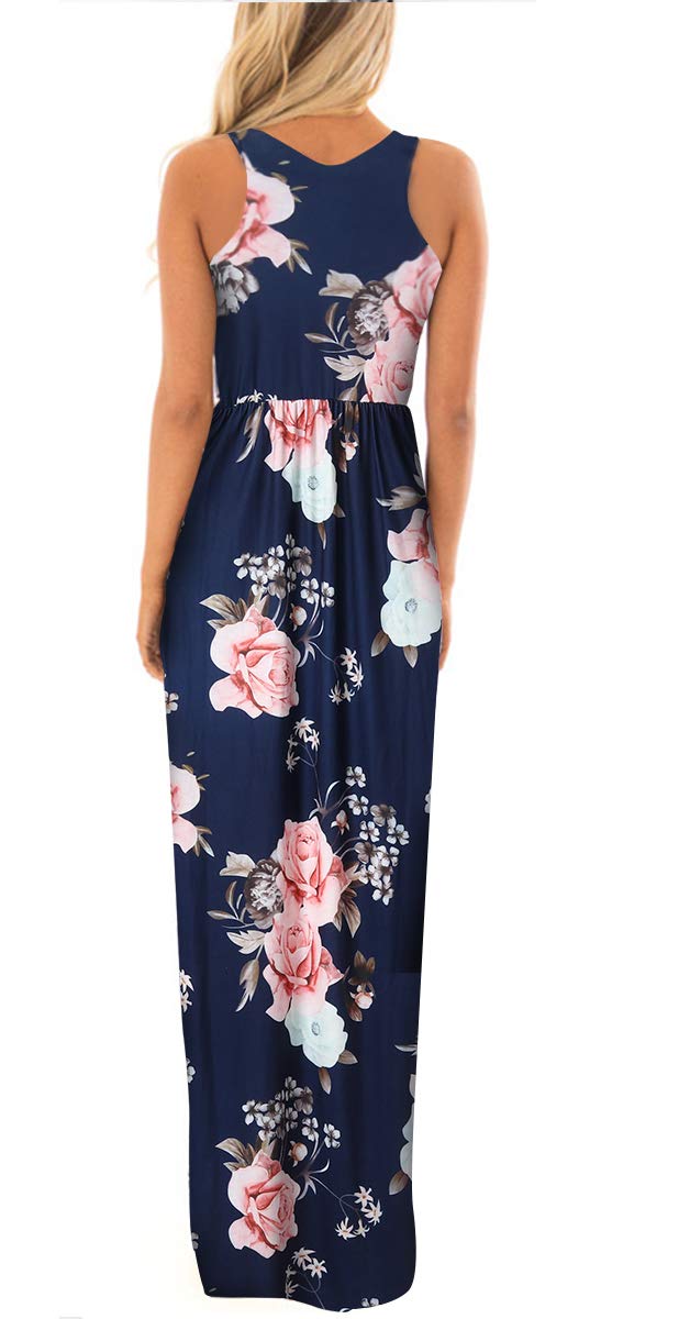 Floral Print Women's Racerback Maxi Dress - Loose Swing Casual Tunic with Pockets | Beach Cover Up, Summer Vacation, Boho Chic Outfit, Outdoor Music Festival Wear