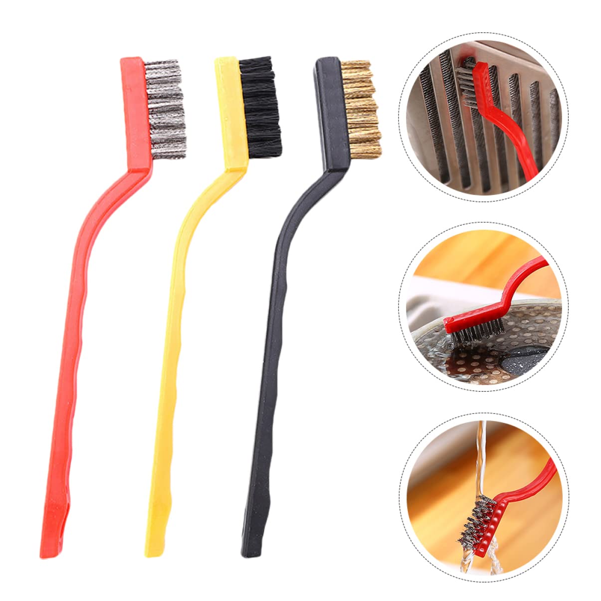 Baluue 3-Piece Mini Wire Scratch Brush Set - Nylon & Brass Bristles with Curved Handle for Rust Removal, Cleaning, and Polishing - Perfect for Automotive, Jewelry, and DIY Projects
