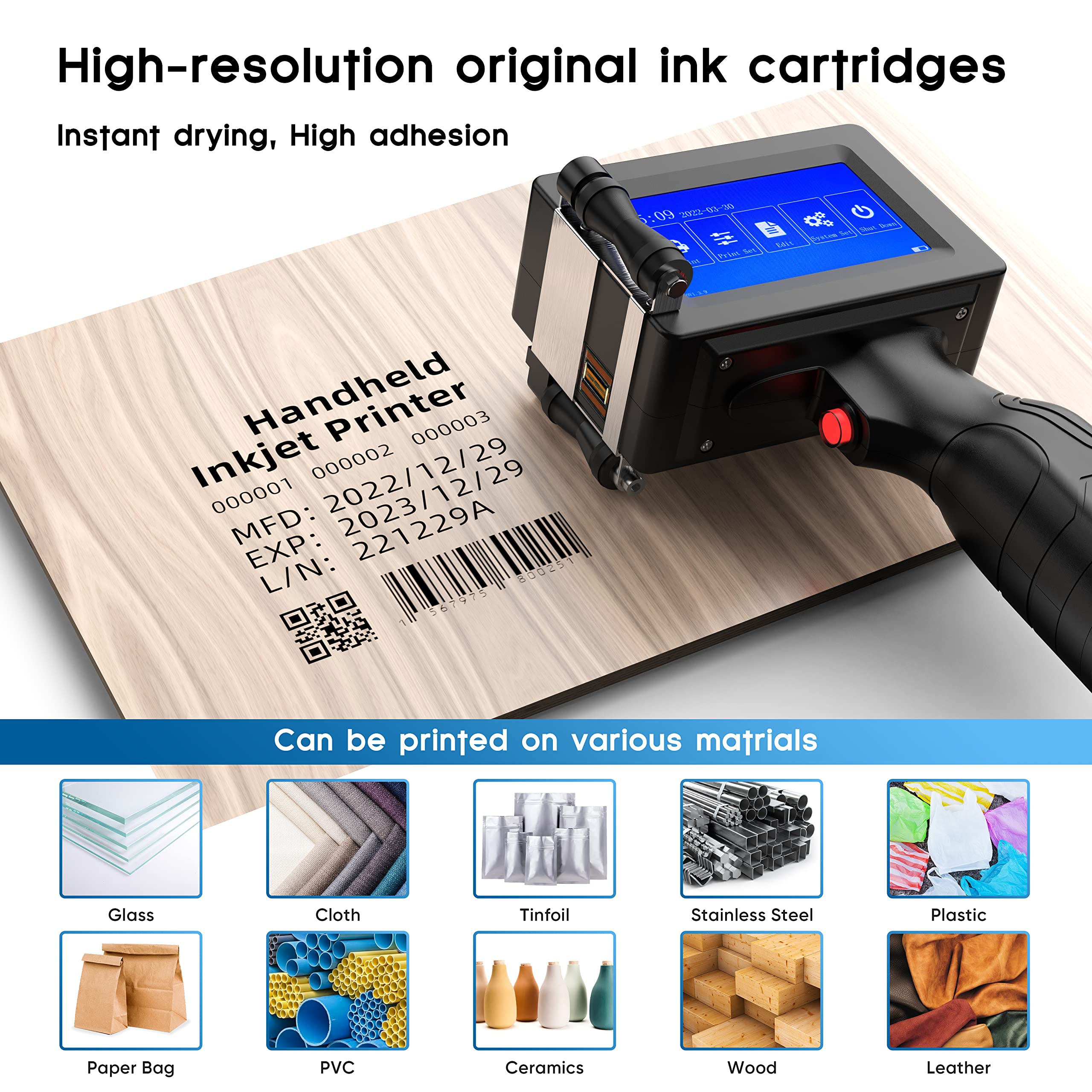 JS12H1 Handheld Inkjet Printer with Quick-Drying Ink - Portable Date Coding Machine for Text, QR Codes, Barcodes & Batch Numbers - Label Printer for Metal, Plastic, Wood & More - Ideal for Warehouse, Factory & Retail Labeling