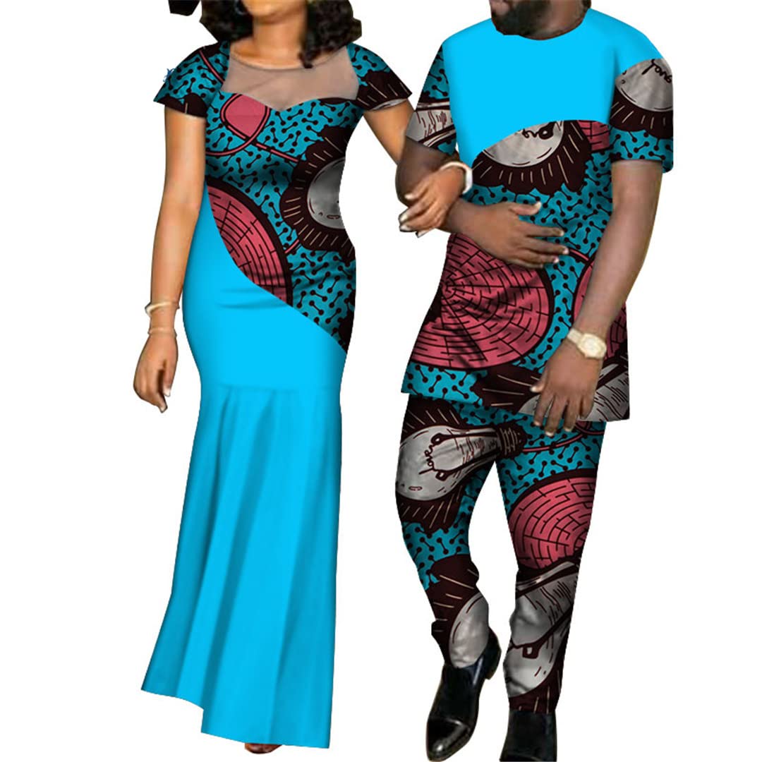 **African Print Dresses for Women & Bazin Shirt and Pants Sets for Men – Matching Couple Outfits, Vibrant Yarn Dress (40fs1278, XL) – Perfect for Weddings, Parties, and Cultural Events**