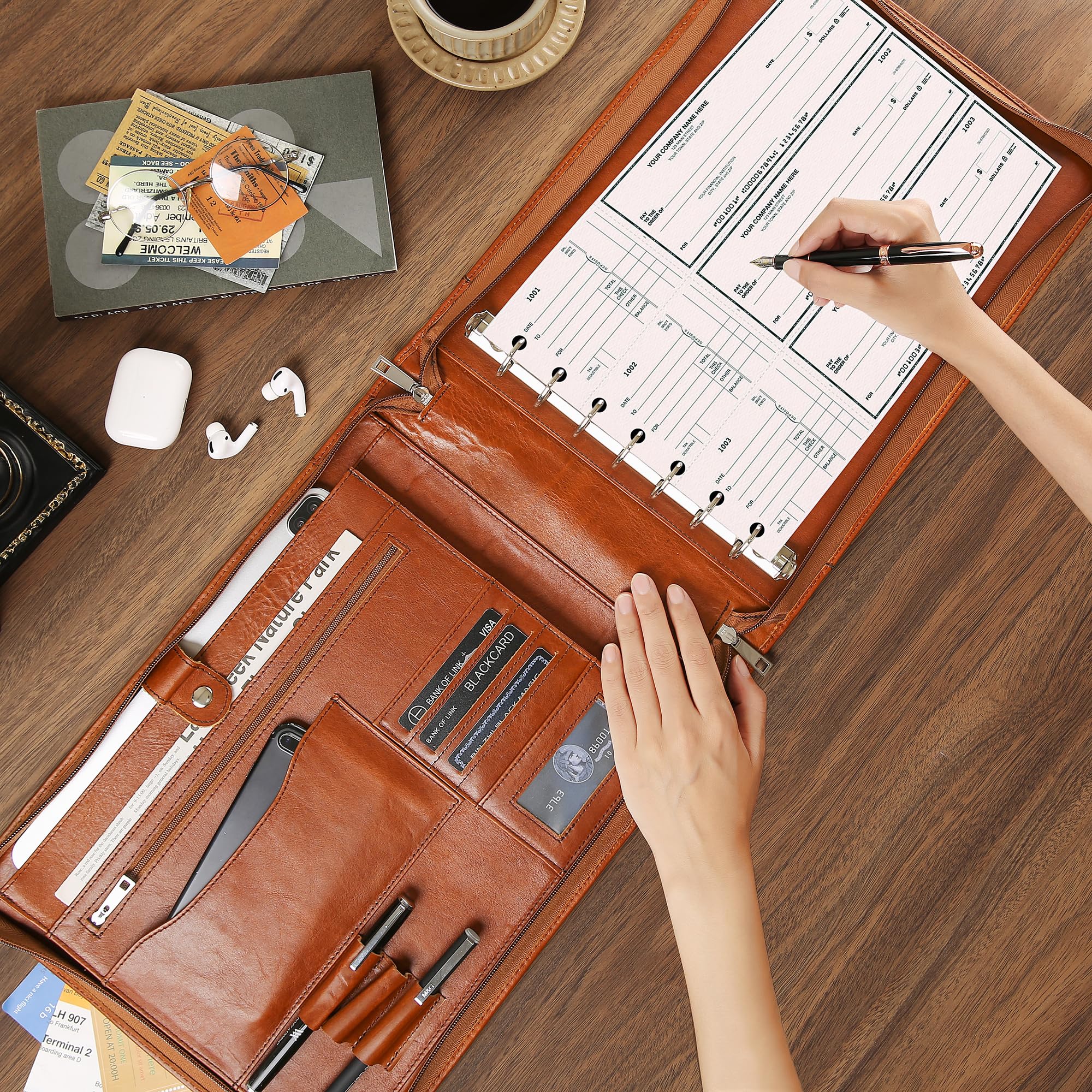 Premium Leather Business Checkbook Binder - 7-Ring Zippered Organizer with Checkbook Holder for 3 Per Page Checks, Holds 600 Checks & 9x13 Inch Sheets, Oil Brown - Ideal for Office, Accounting & Financial Management