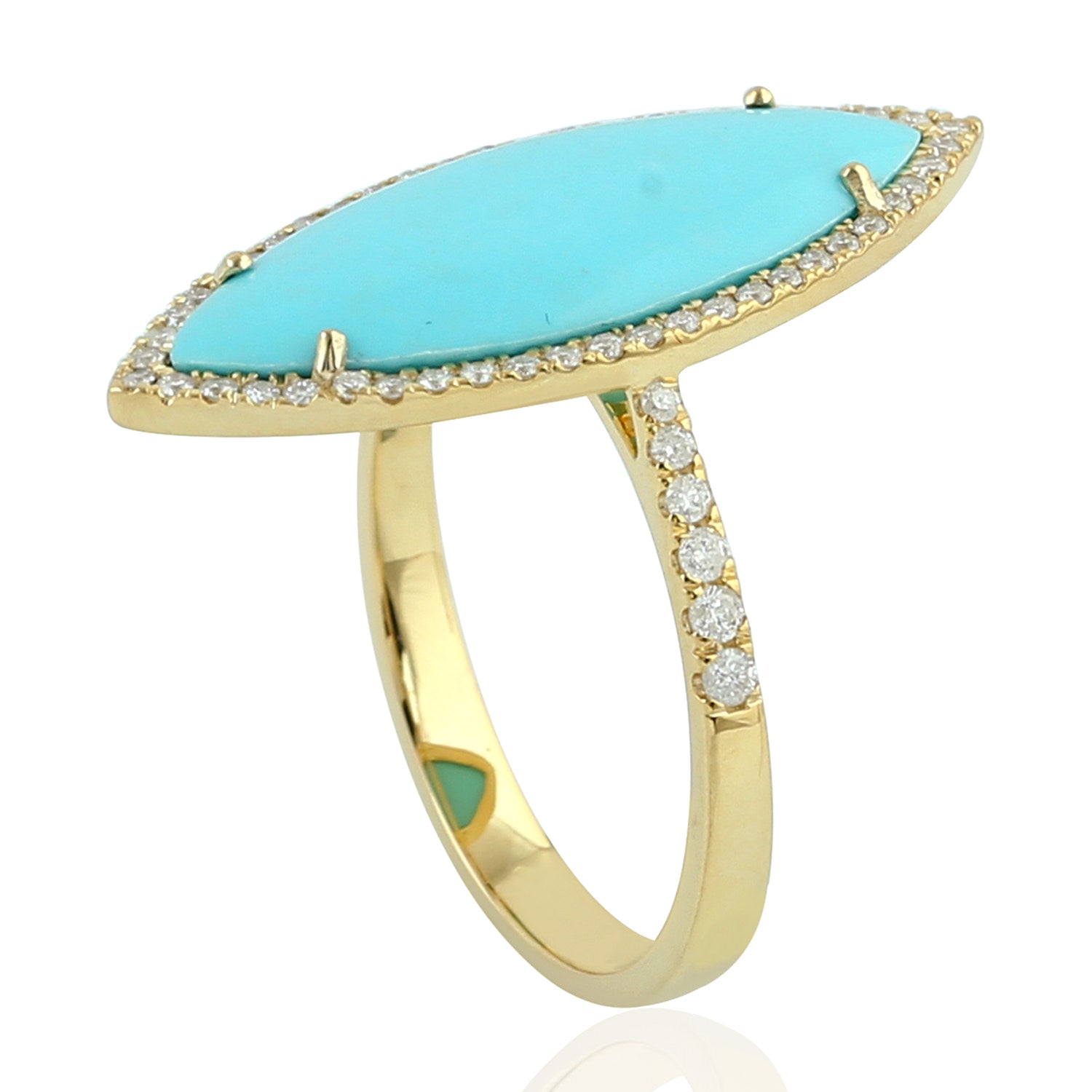 Marquise Cut Turquoise Gemstone Pave Diamond Long Ring in Gold - Elegant Statement Jewelry for Weddings, Parties & Special Occasions
