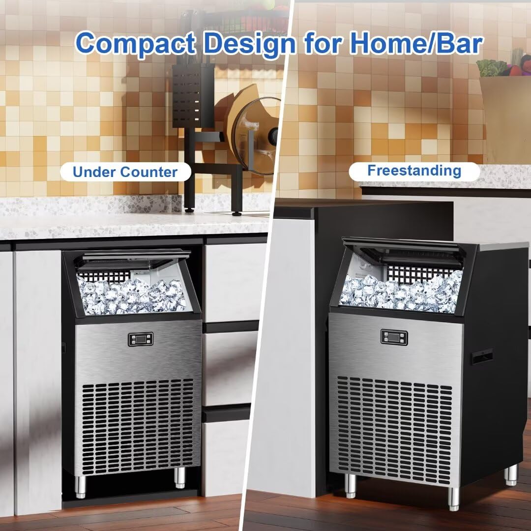 Kismile Commercial Ice Maker Machine - 265lbs/24h Freestanding Square Ice Cube Maker with 55lbs Storage Bin, Heavy Duty Stainless Steel Construction for Home Bar, Coffee Shop, Restaurant & Business Use - Perfect for Cocktails, Iced Coffee & Beverage Service