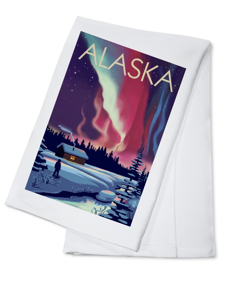 Alaska Northern Lights Cabin Print 100% Cotton Tea Towel - Decorative Hand Towel for Kitchen & Home Decor - Perfect for Rustic Cabins, Farmhouse Style & Gift Giving