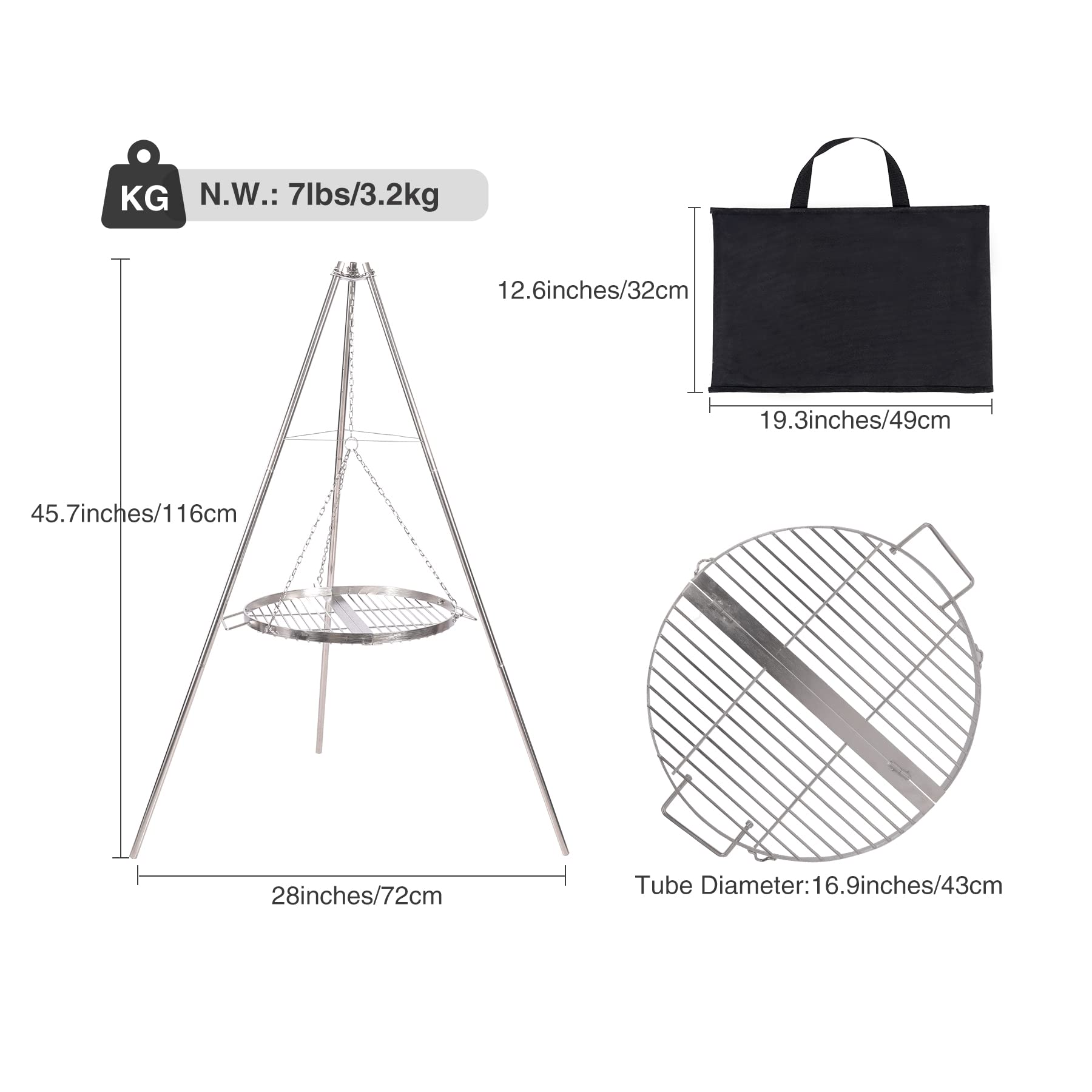 Lineslife Stainless Steel Campfire Tripod Grill with Round Grate & Carry Bag - Durable Outdoor Cooking for Camping, Backyard BBQ & Picnics - Perfect for Grilling Meat, Fish & Vegetables Over Open Fire