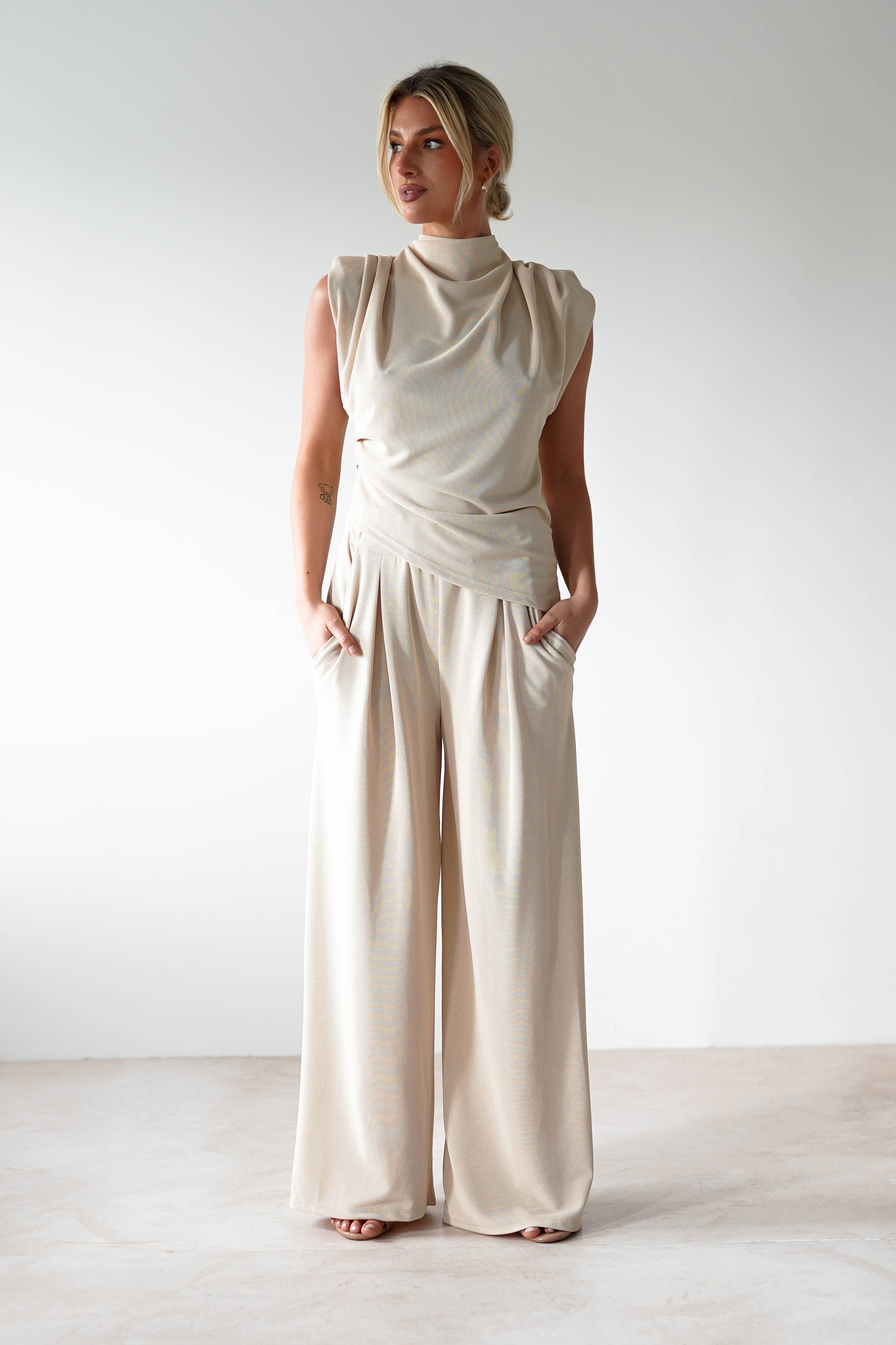 Mina Stretchy 2 Piece Set Women's Outfit - Soft Cream Lounge Wear for Yoga, Travel & Casual Comfort