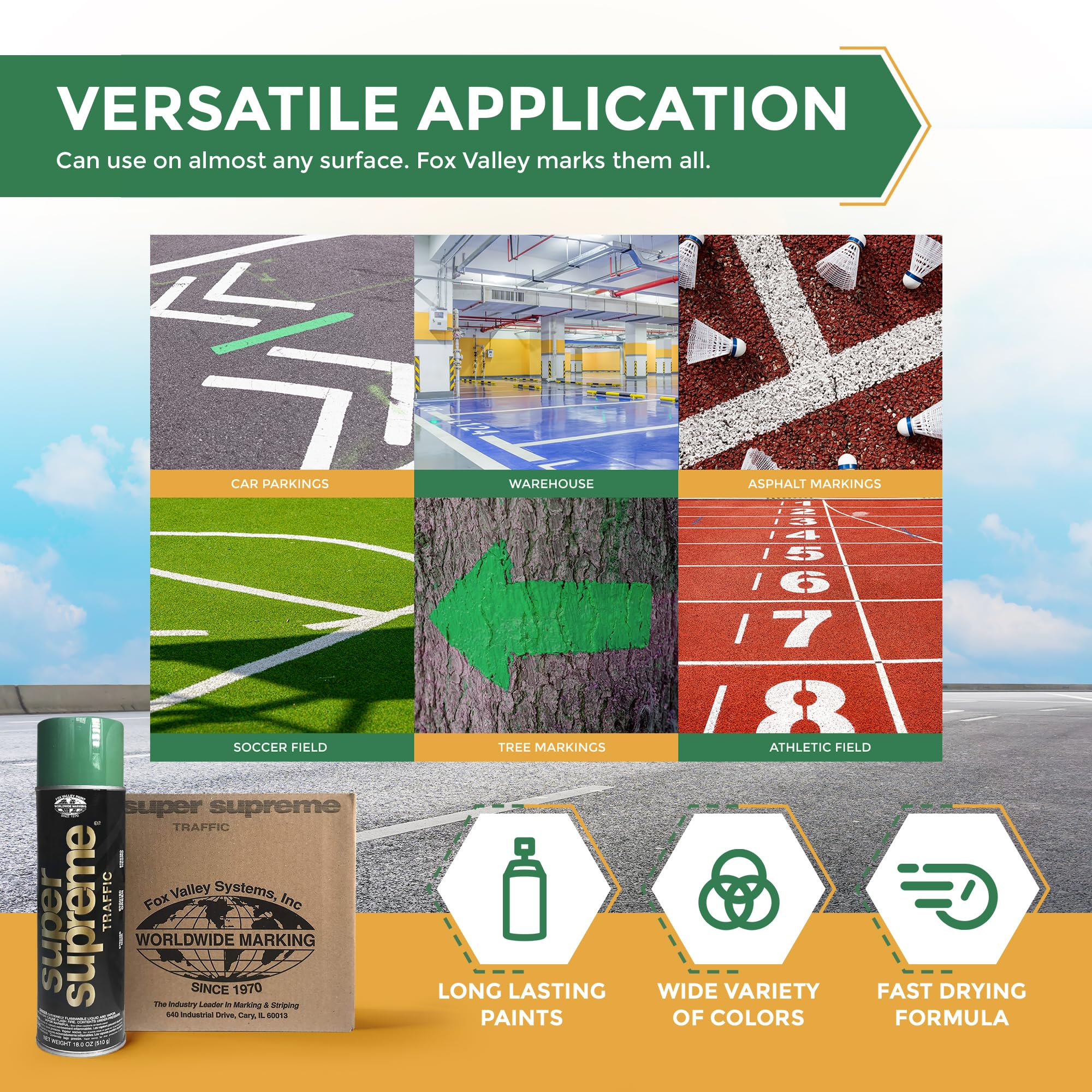 Fox Valley Super Supreme Traffic Spray Paint - 18 oz (Pack of 12), Green - High-Performance Road Marking Paint for Parking Lots, Sidewalks, Warehouses & Factory Floors - Easy to Use, Durable & Weather-Resistant - Perfect for DIY Projects, Construction Sites & Industrial Applications